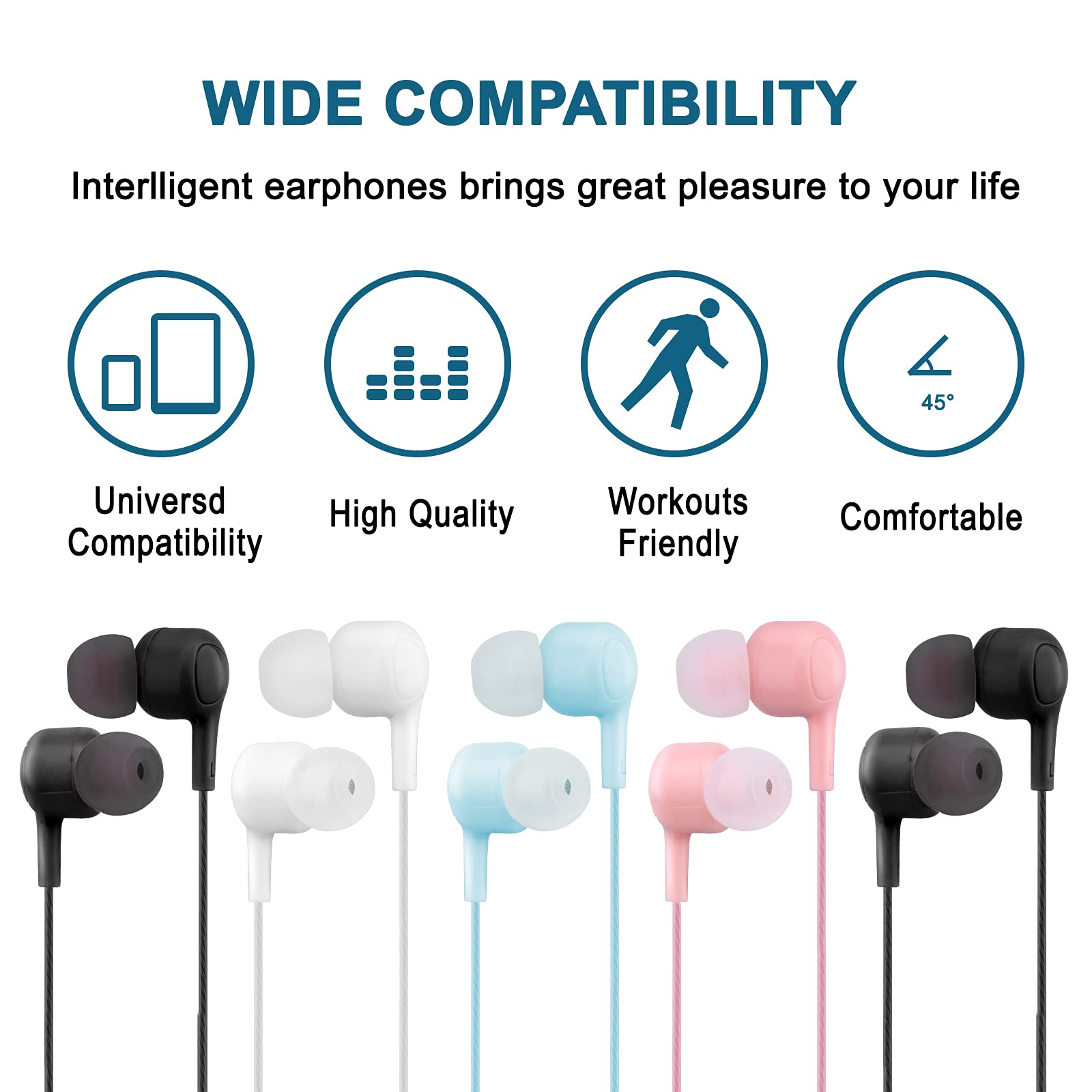 5 Pack Wired Earbuds with Microphone - 3.5mm Tangle-Free In-Ear Headphones for Laptop, Chromebook, Android, Gaming & MP3 Players | Durable & Affordable Earphones for Kids, Students | Perfect for School, Workouts, Commuting & Online Classes