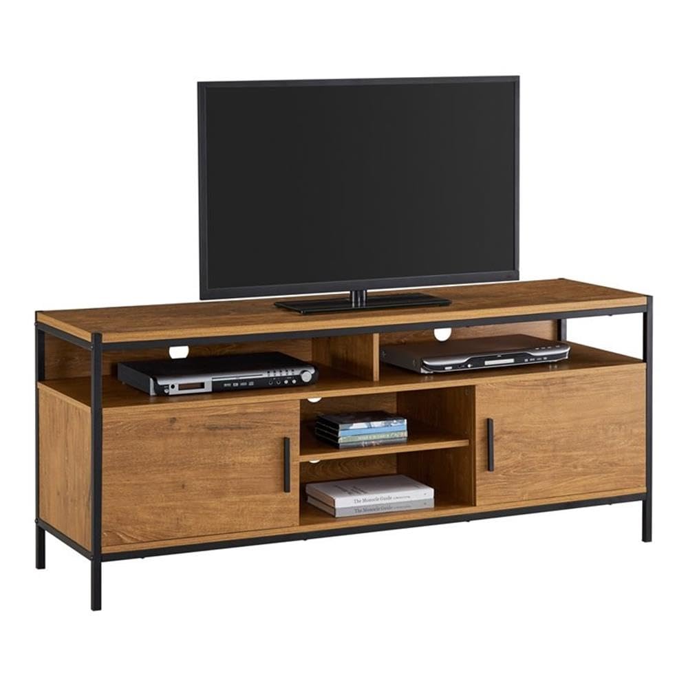 CAFFOZ Wide TV Media Stand with Storage Shelves & Doors - Sturdy Brown Oak Wood Look Entertainment Center with Metal Frame - Easy Assembly for Living Room, Bedroom & Home Theater Setup