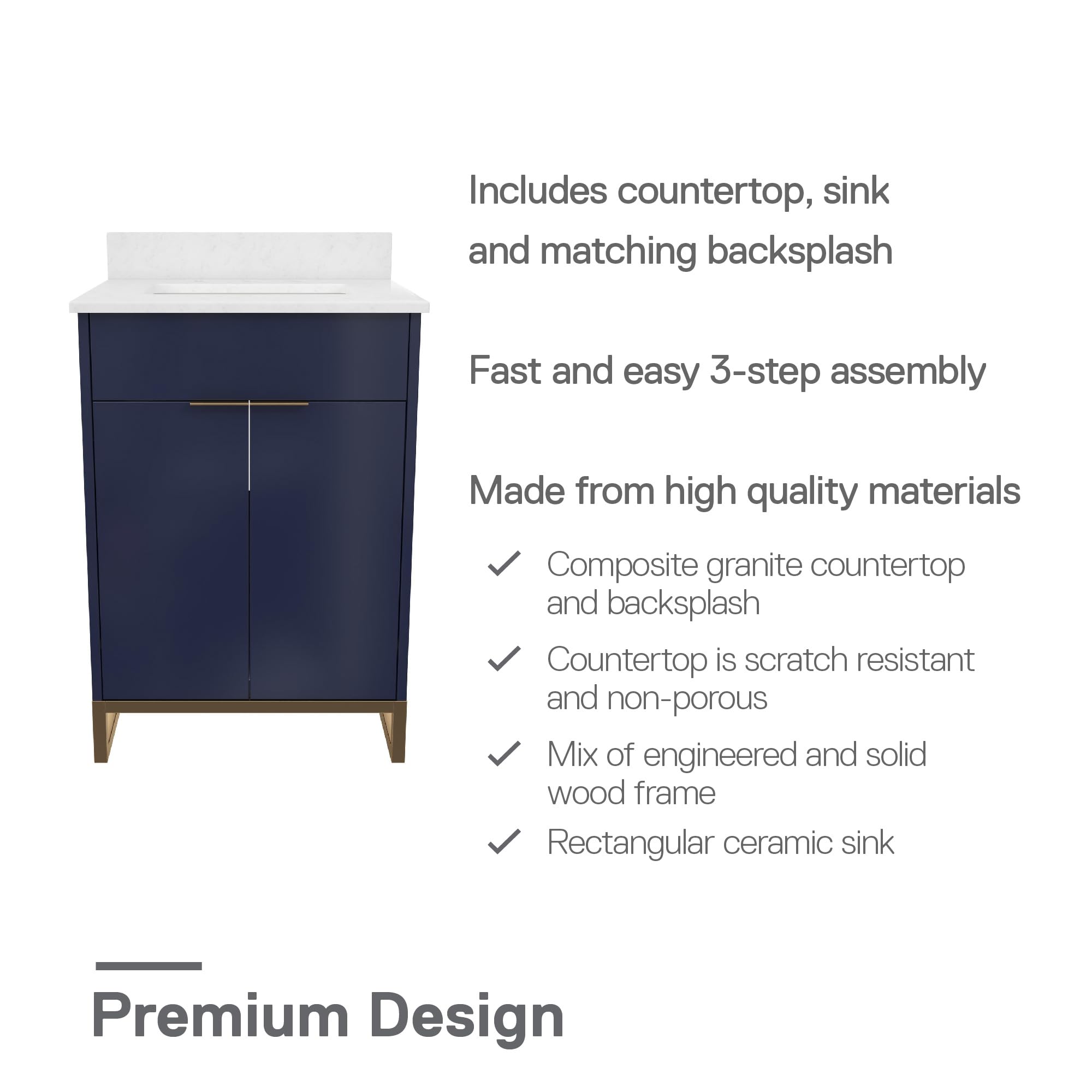 CosmoLiving by Cosmopolitan Leona 24-Inch Navy Blue Bathroom Vanity with Sink - Modern Space-Saving Design for Small Bathrooms & Powder Rooms