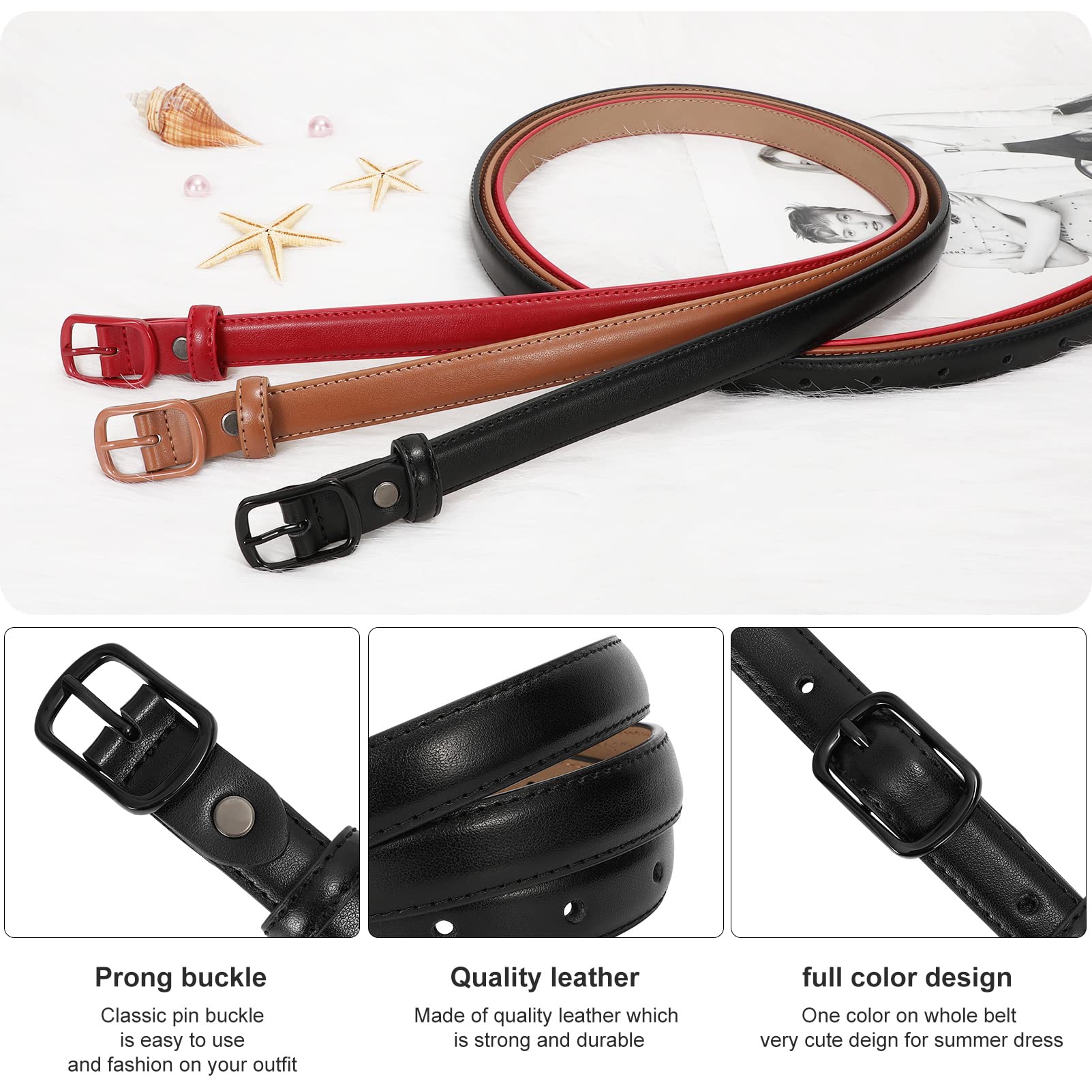 JASGOOL Women's Skinny Belt for Jeans - Thin Leather Waist Belt with Black Metal Prong Buckle - Perfect for Casual Outfits, Office Wear & Date Nights
