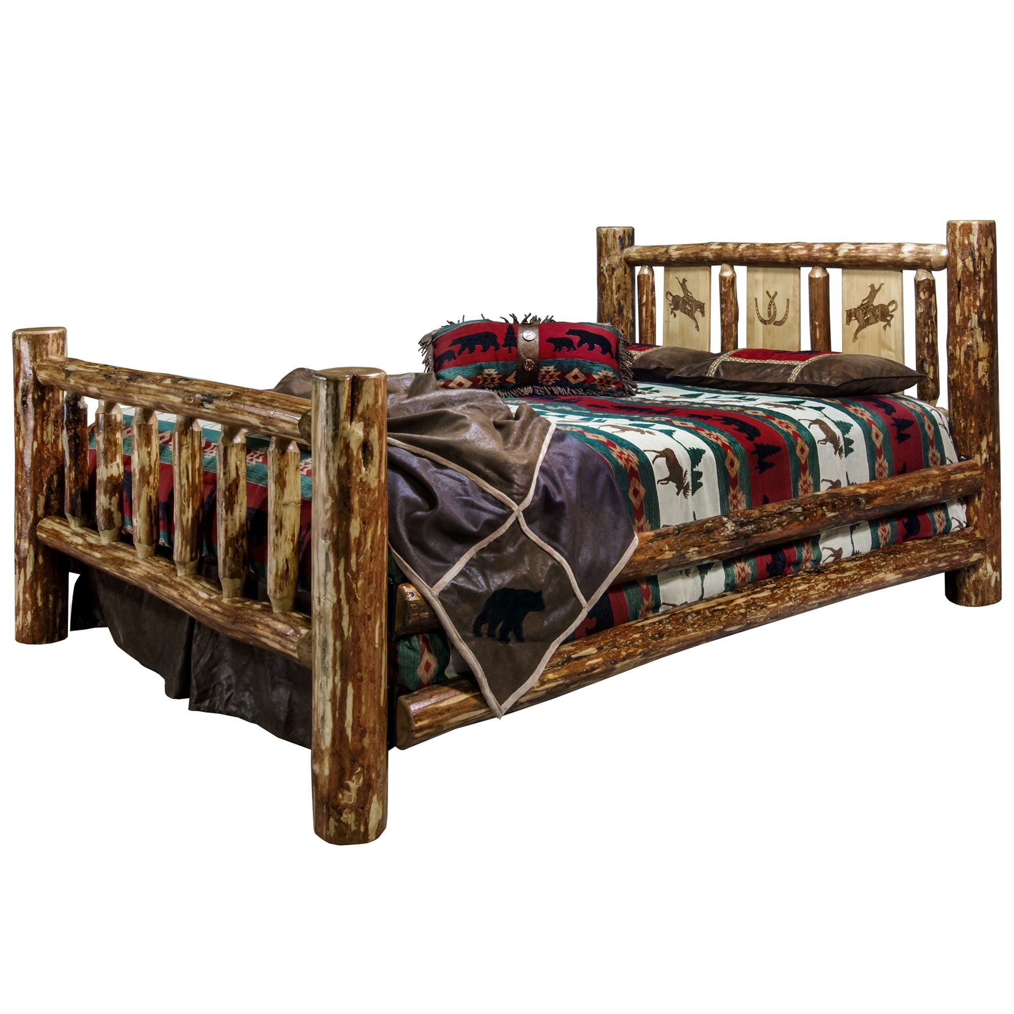 Laser Engraved Glacier Country Wooden Bed Frame - Rustic Farmhouse Bedroom Furniture for Cozy Cabin & Lodge Decor