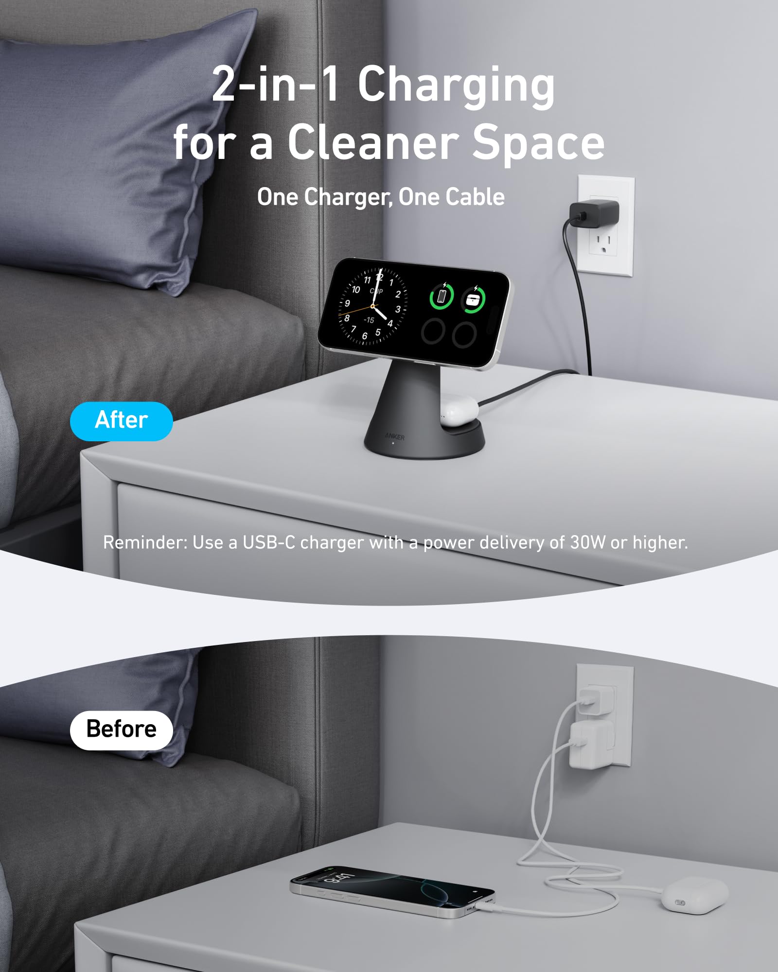 Anker MagSafe Compatible 2-in-1 Wireless Charging Stand - Qi2 Certified 15W Fast Charger for iPhone 16/15/14/13/12 Series & AirPods | Adjustable Angle, Strong Magnetic Hold | Perfect for Bedside, Office Desk & Travel (Wall Charger Not Included)
