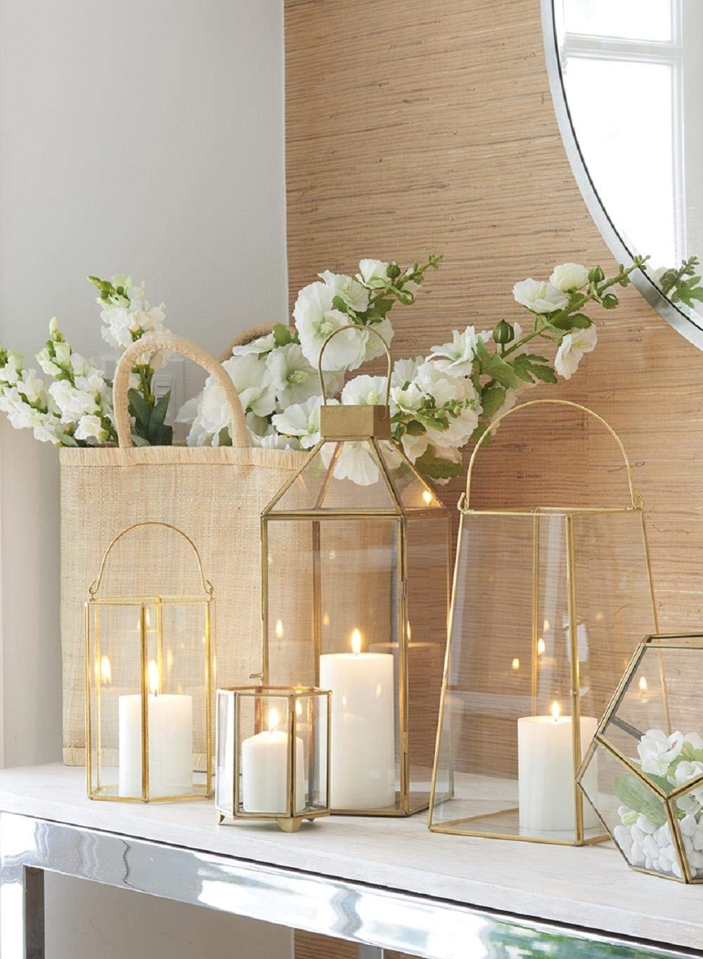 Large Gold Decorative Hurricane Lantern Candle Holder with Glass Panels - 16 Inch Tall Set of 4 - Elegant Home Decor for Dining Table, Wedding Centerpiece, Outdoor Patio Lighting