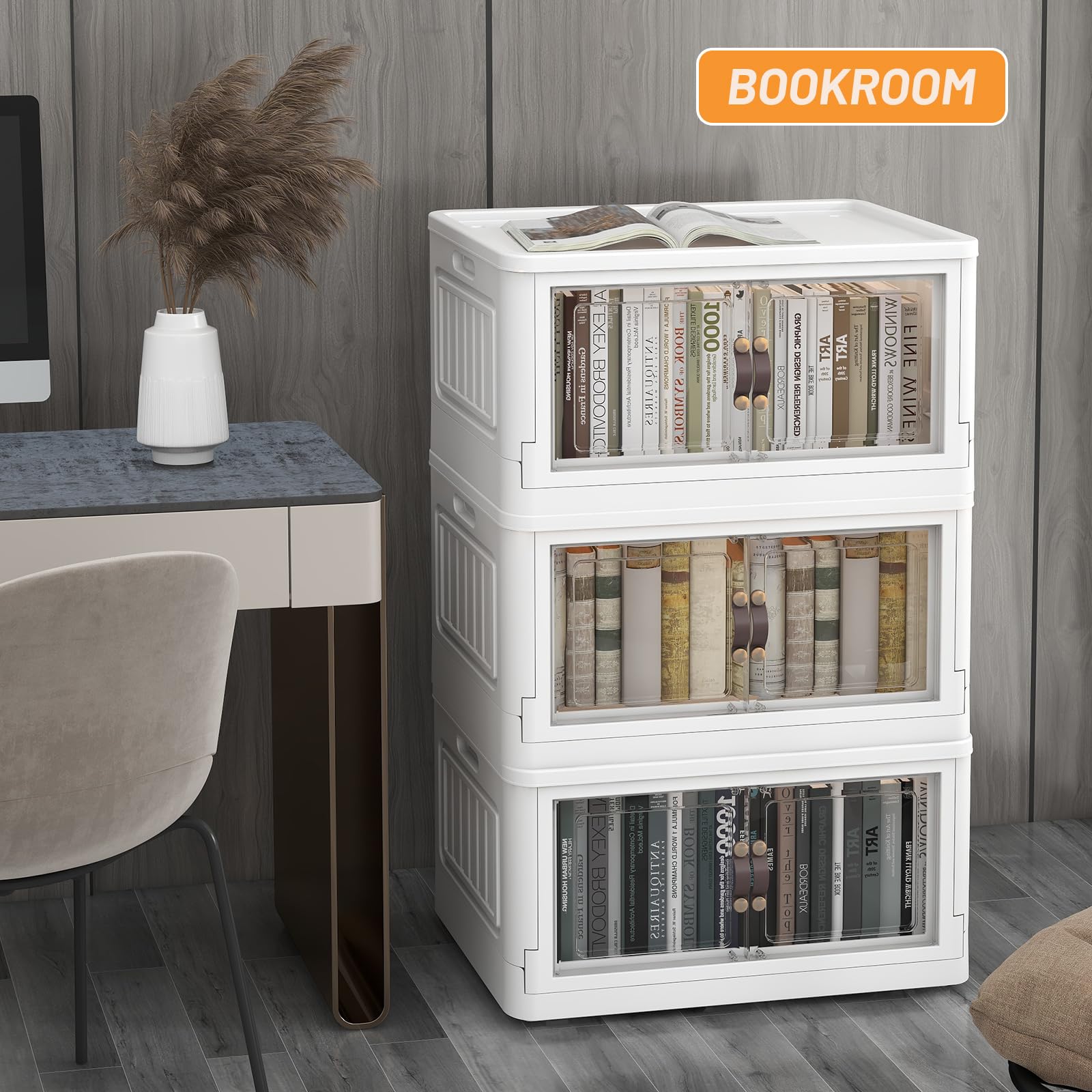 3-Pack 78 Qt Stackable Storage Bins with Wheels & Lids - White Collapsible Double-Door Organizer for Closet, Home & Office - Perfect for Seasonal Clothes, Toys & Household Item Storage