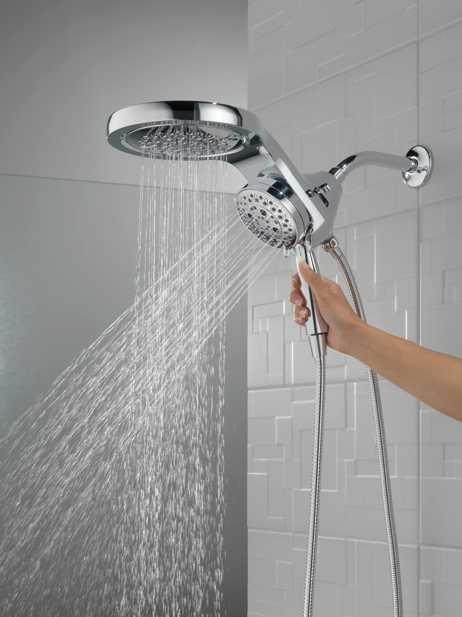 Delta Faucet HydroRain 5-Spray H2Okinetic Dual Shower Head with Handheld Spray - Chrome Shower Head with Hose, 1.75 GPM Flow Rate, Lumicoat Chrome Finish (Model 58680-PR) - Perfect for Bathroom Renovation, Spa-Like Shower Experience & Water Conservation