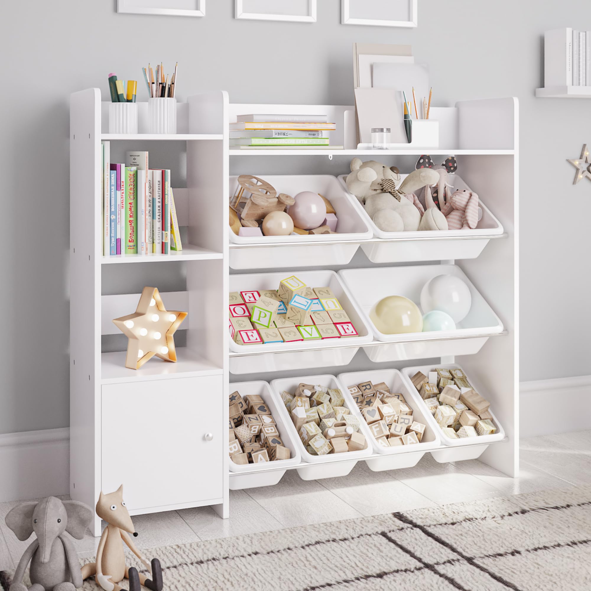 Kids Toy Storage Organizer with 8 White Bins & Shelf - Space-Saving Playroom Organization Solution for Toys, Books & Games - Perfect for Bedrooms, Daycares & Play Areas