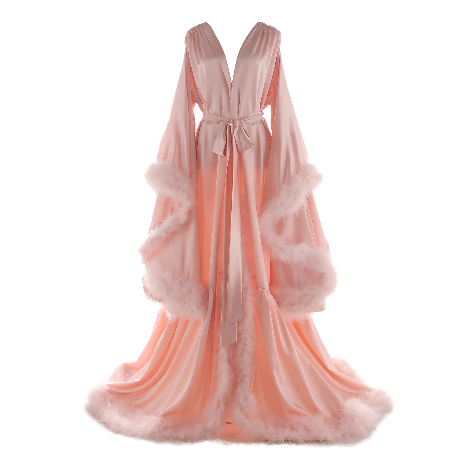 Elegant Women's Feather Bridal Robe - Vintage Hollywood Style Maternity Photoshoot Cover Up, Silk Nightgown & Long Lingerie Bathrobe for Weddings, Boudoir & Special Occasions