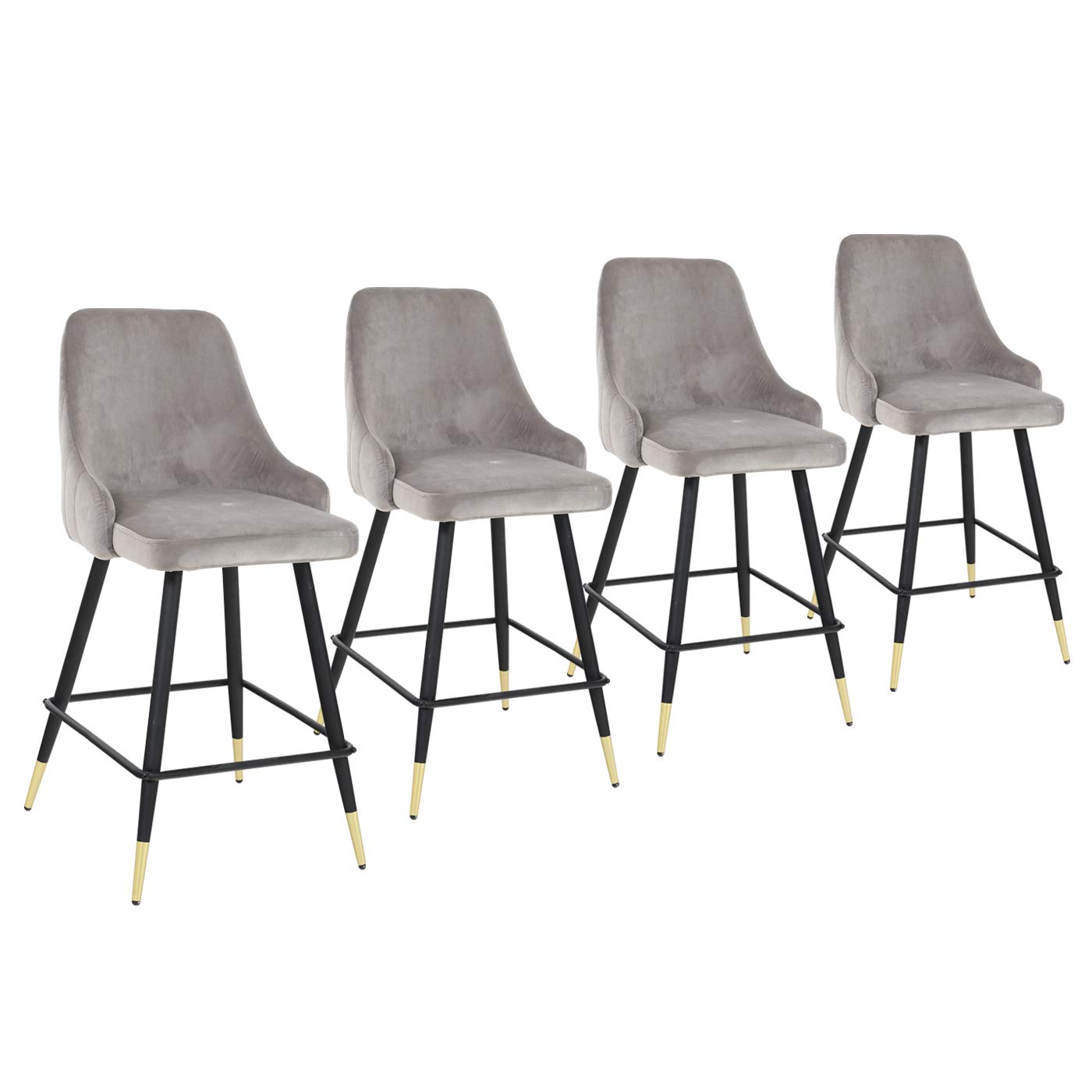 Modern Velvet Bar Stools Set of 4 with Backrest & Footrest - 25.5 Inch Upholstered Counter Height Stools for Kitchen Island, Bar, Dining Room - Soft Grey Velvet Seating (4-Piece Set)