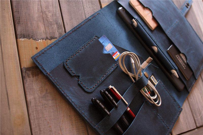 Personalized Distressed Blue Leather Portfolio - Custom Name Engraved Business Document Holder for Professionals & Executives | Perfect for Office, Meetings & Corporate Gifts