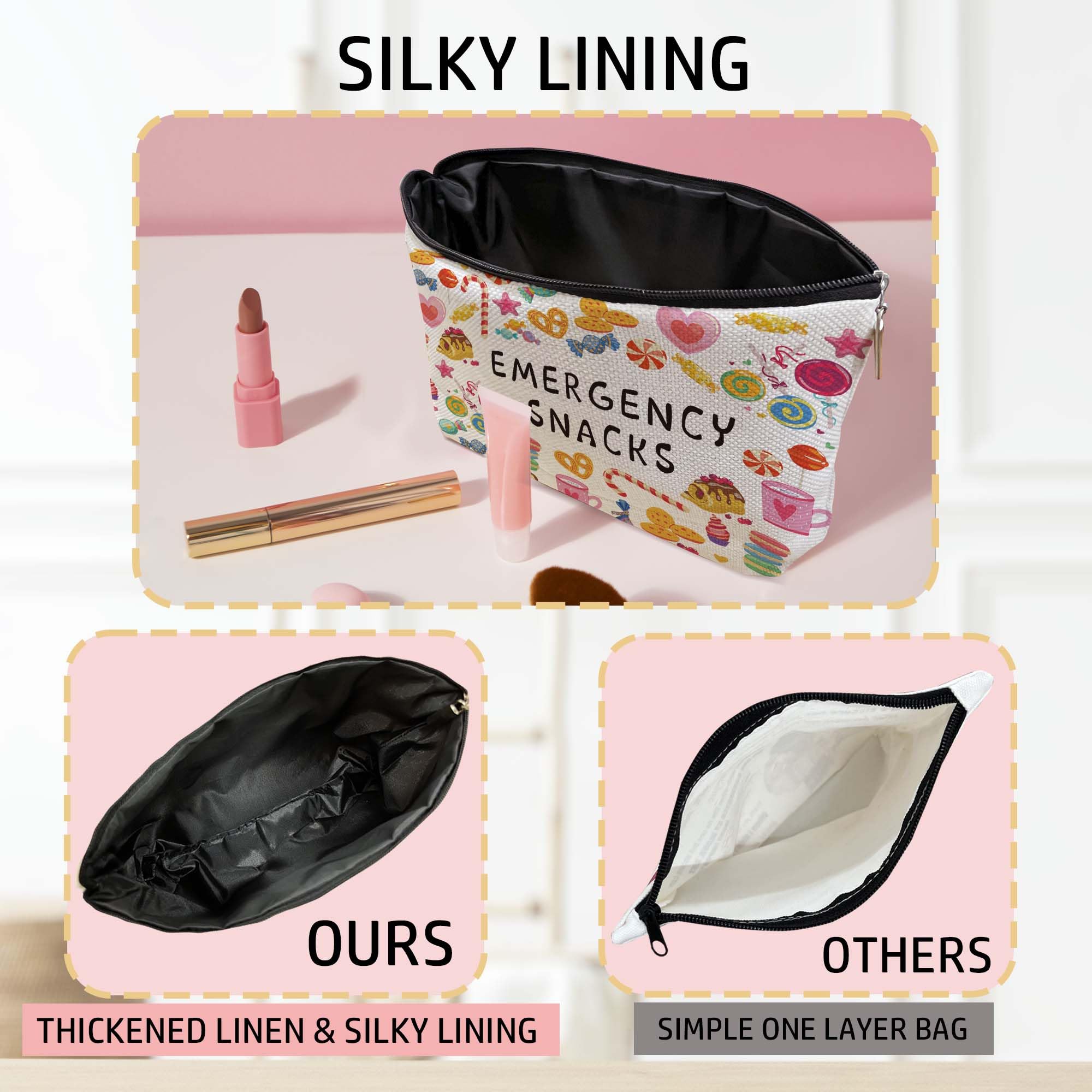 Travel Snack Bag - Silky Lining Cosmetic Pouch for Women | Emergency Snacks Storage, Makeup Organizer | Perfect for Road Trips, Camping & Airplane Travel