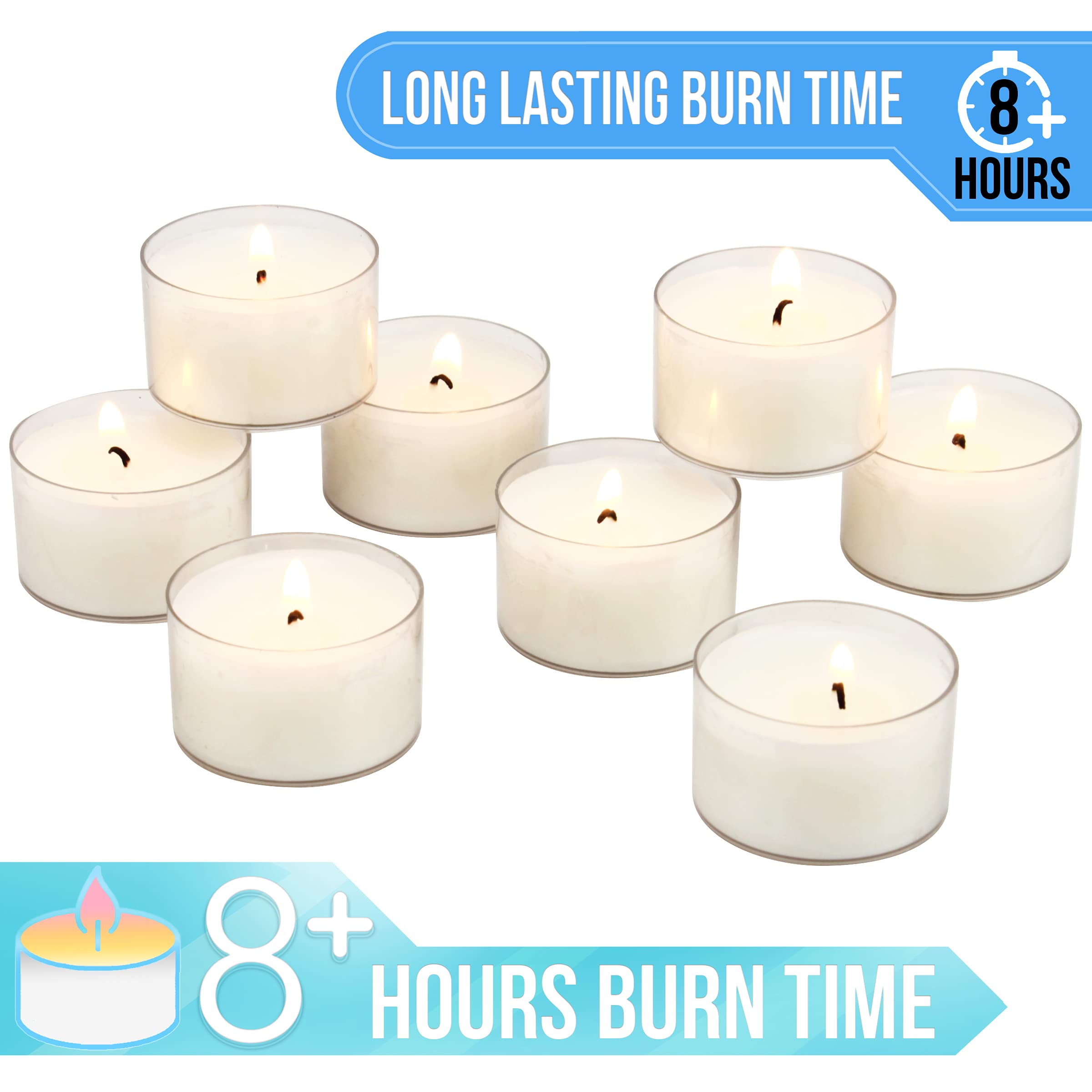 Stonebriar Bulk 96 Pack Unscented Smokeless Long-Burning Clear Tea Light Candles - 8 Hour Burn Time, White - Perfect for Weddings, Restaurants, Spa Relaxation & Home Decor