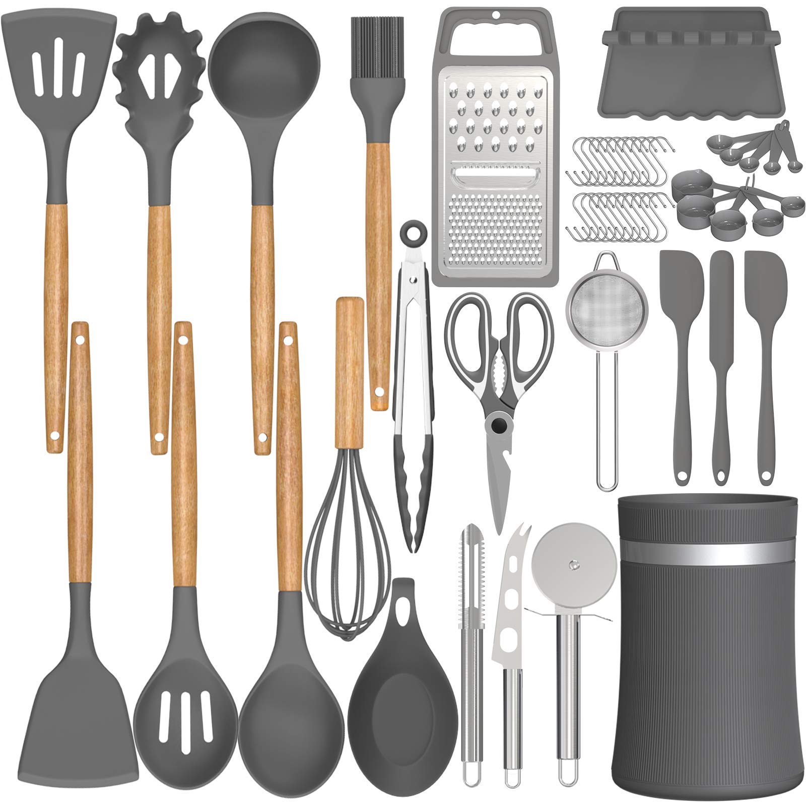 AIKKIL 32pcs Silicone Kitchen Utensil Set with Wooden Handle - Non-Stick Cooking Tools for Baking & Frying