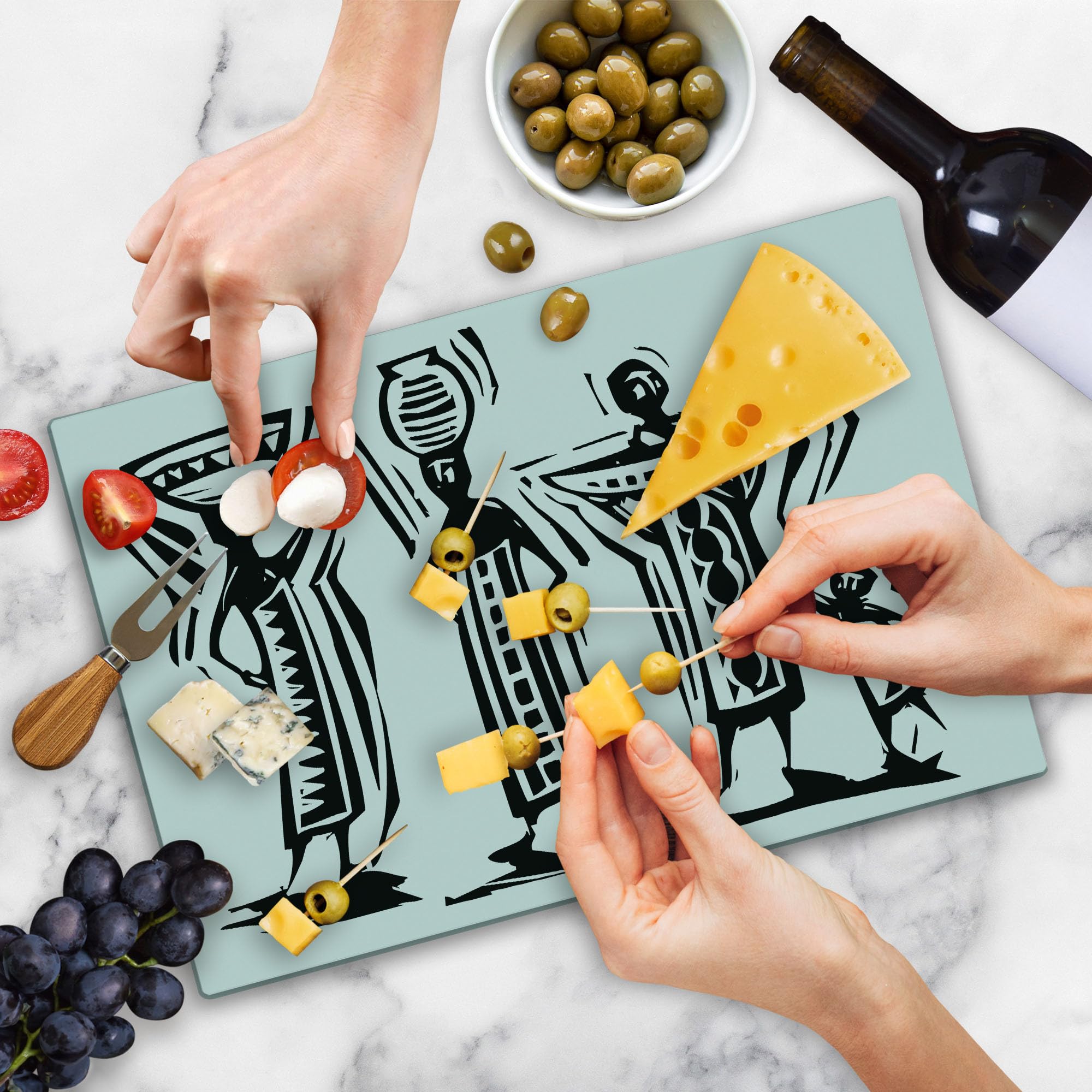 Lunarable Ethnic Cutting Board - Traditional Baskets & Pots Design Tempered Glass Serving Board - Large Black & White Kitchen Accessory for Entertaining & Food Presentation