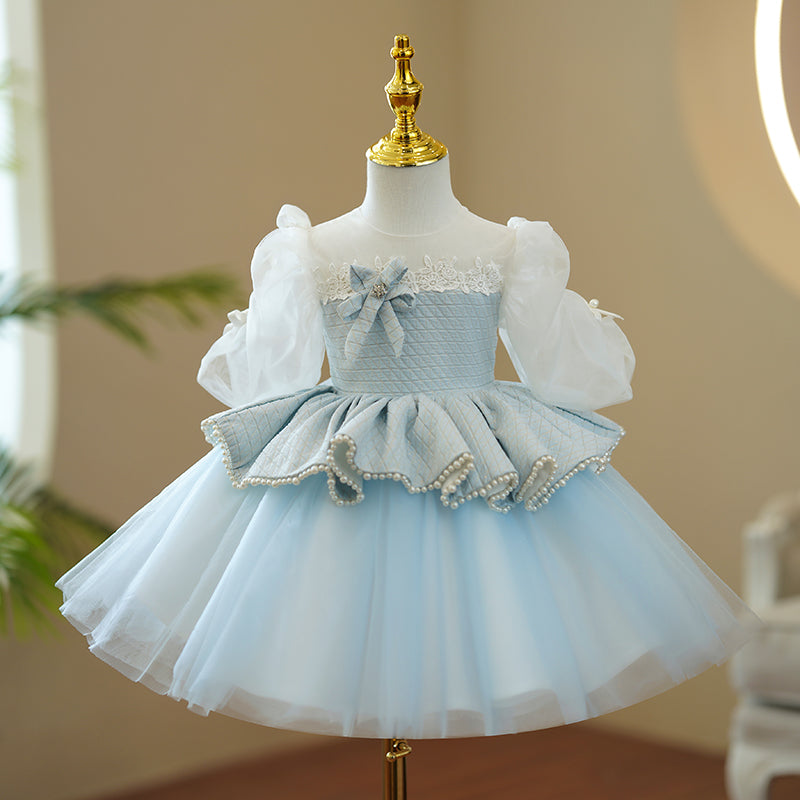 First Communion Dress for Baby Girl - Princess Puff Sleeves Beaded Fluffy Party Dress for Christening, Baptism & Special Occasions