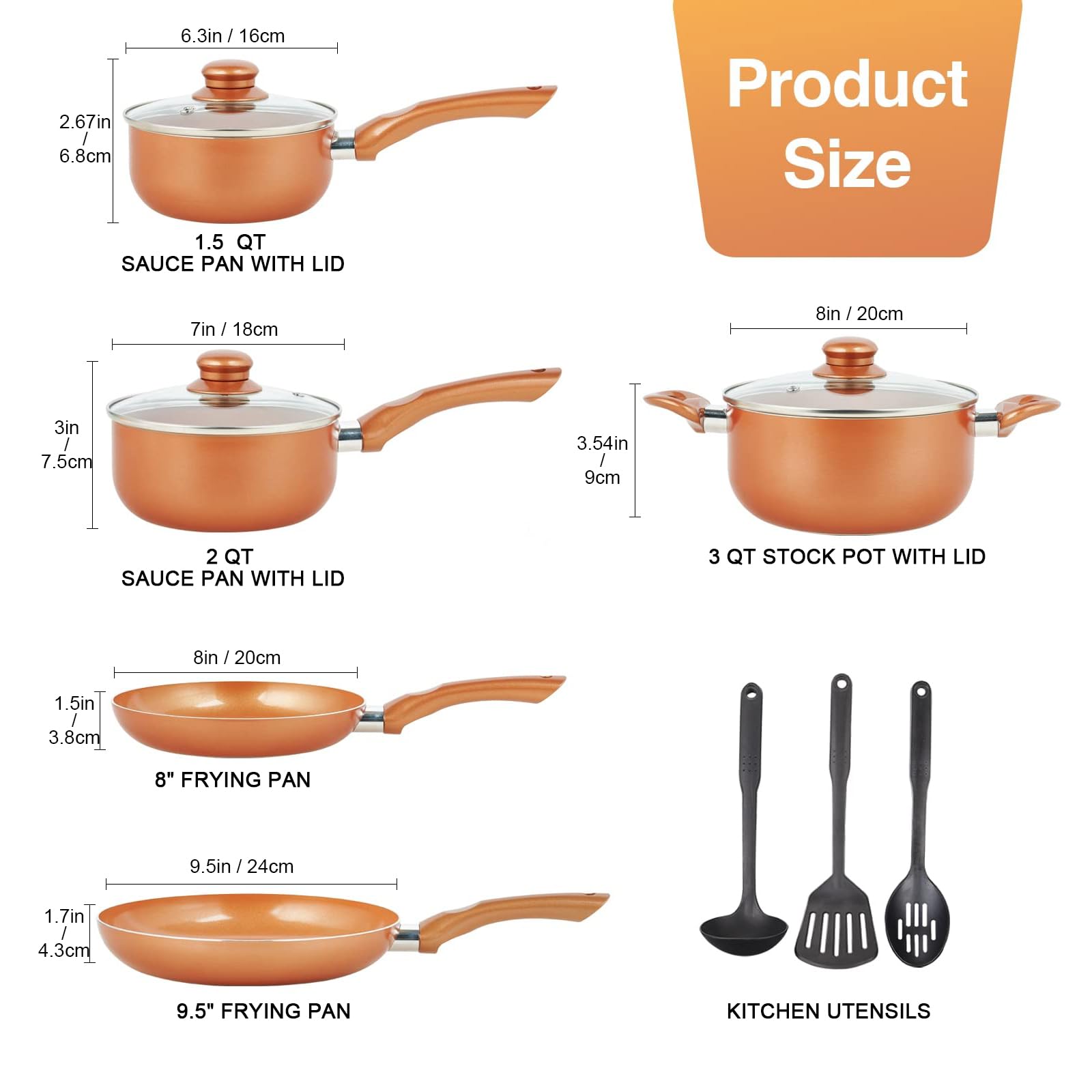 Ultra Nonstick 11-Piece Pots and Pans Set with Ceramic Copper Coating - Stay Cool Handles & Includes Nylon Kitchen Utensils - Gas & Induction Compatible, 100% PFOA Free - Perfect for Home Cooking, Professional Kitchens & Everyday Meal Prep
