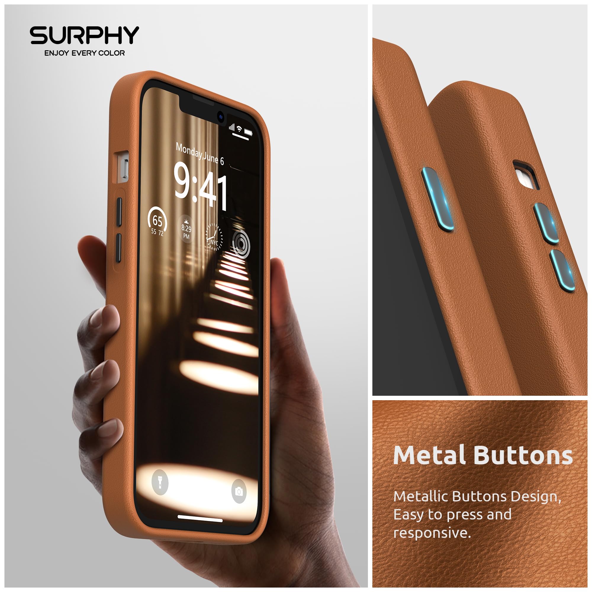 Premium Faux Leather iPhone 13 Pro Case (6.1 inch 2021) - SURPHY Slim Protective Phone Cover with Metallic Buttons & Soft Microfiber Lining | Perfect for Work, Travel & Everyday Use (Brown)