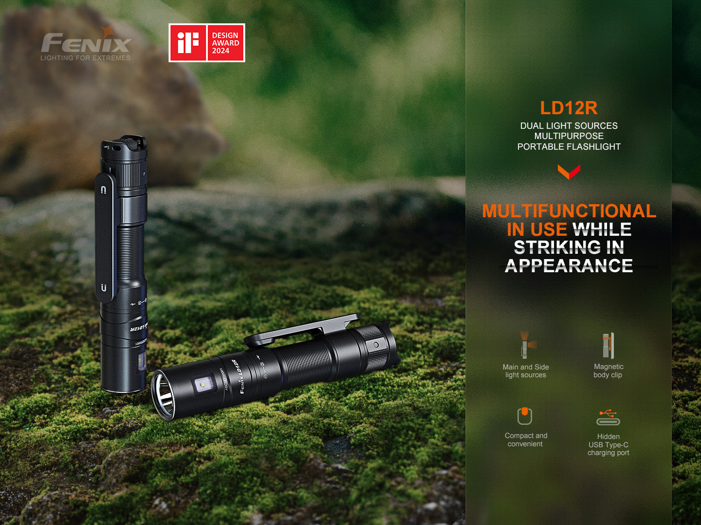 Fenix LD12R Rechargeable Flashlight - 600 Lumens High Brightness, Dual Light Modes for Camping, Hiking & Emergency Use