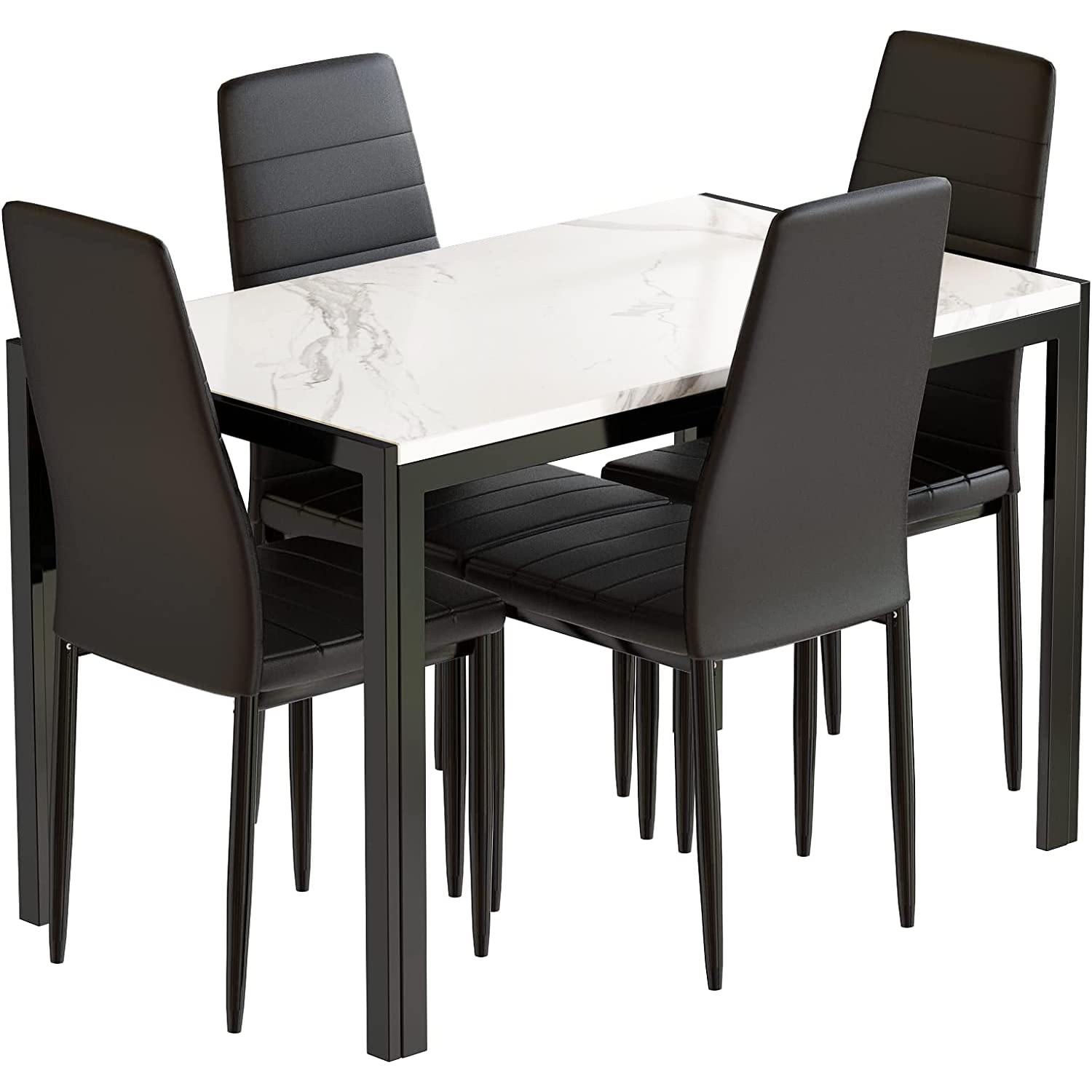 AWQM 5-Piece Marble Dining Table Set for 4 - Rectangular Faux Marble Kitchen Table with 4 PU Leather Chairs, White & Black - Perfect for Small Spaces, Apartments, Dining Rooms & Breakfast Nooks