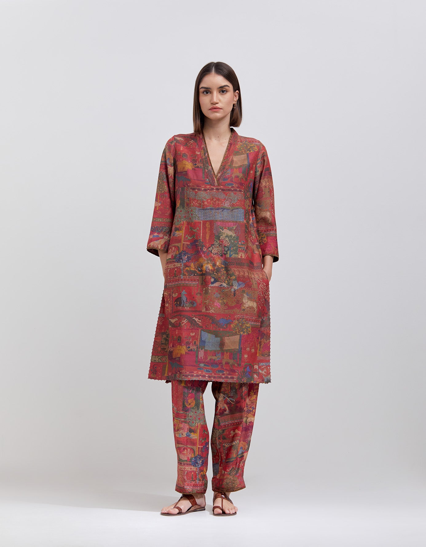 Elegant Damini Kurta in Muga Satin Crimson - Traditional Indian Women's Dress for Festivals & Special Occasions