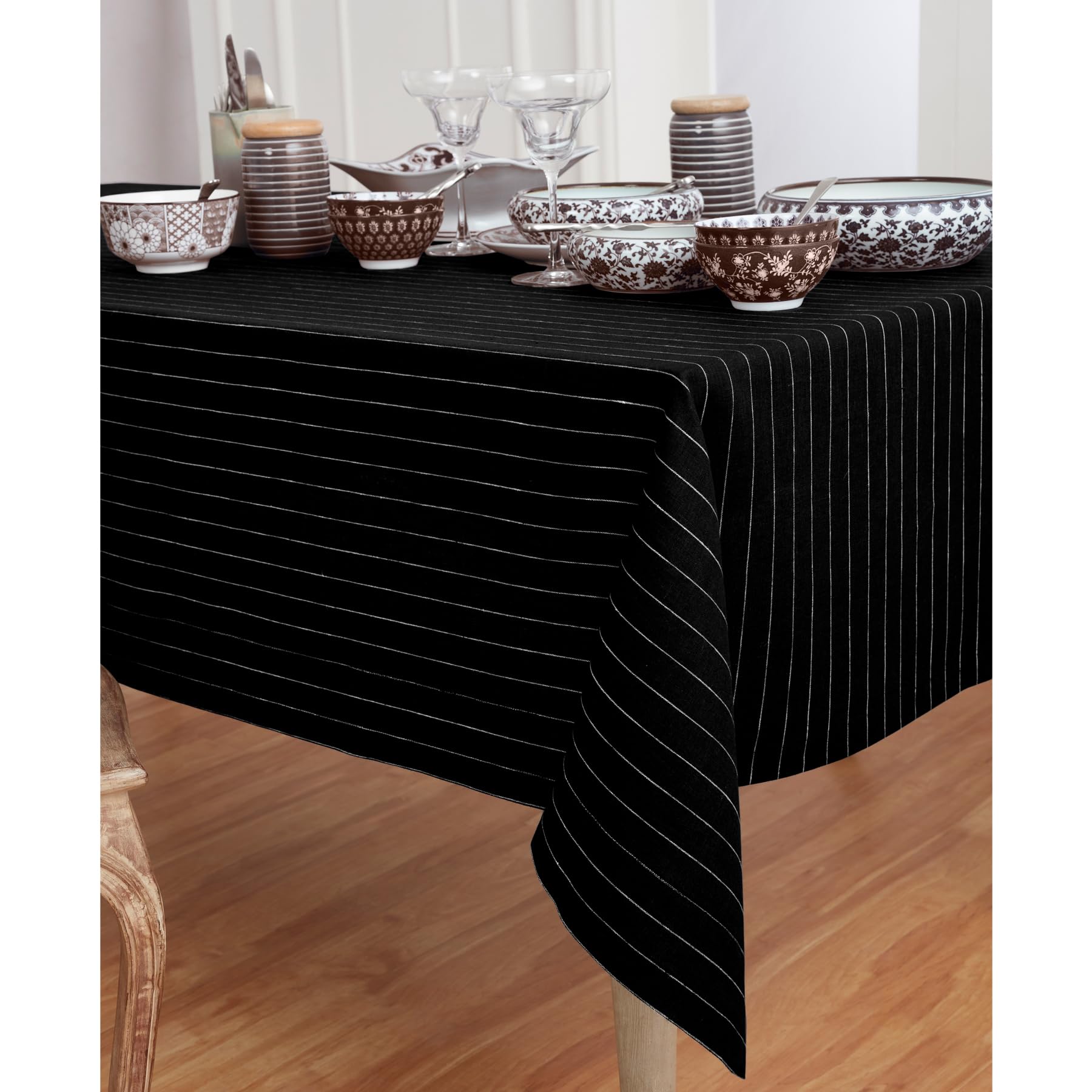 Solino Home 60x90 Inch Pinstripe Linen Tablecloth - 100% Pure Black & White Linen Fabric - Handcrafted, Machine Washable - Perfect for Spring, Easter, Weddings & Dinner Parties