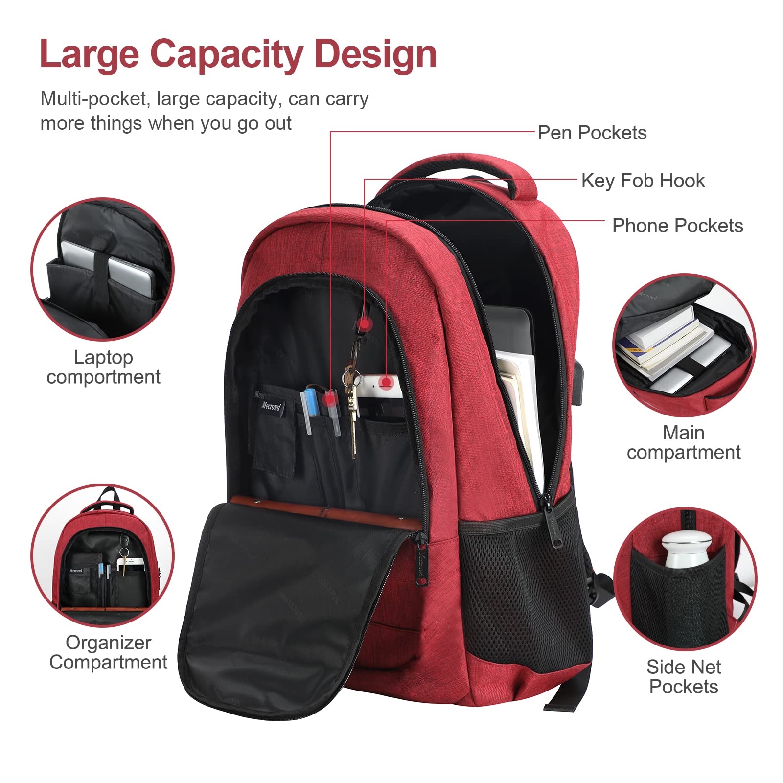 Anti Theft Laptop Backpack for Women with USB Charging Port - 15.6 Inch Waterproof Travel Backpack for School, Work & Business (Red) - Perfect for Commuting, College & Business Trips