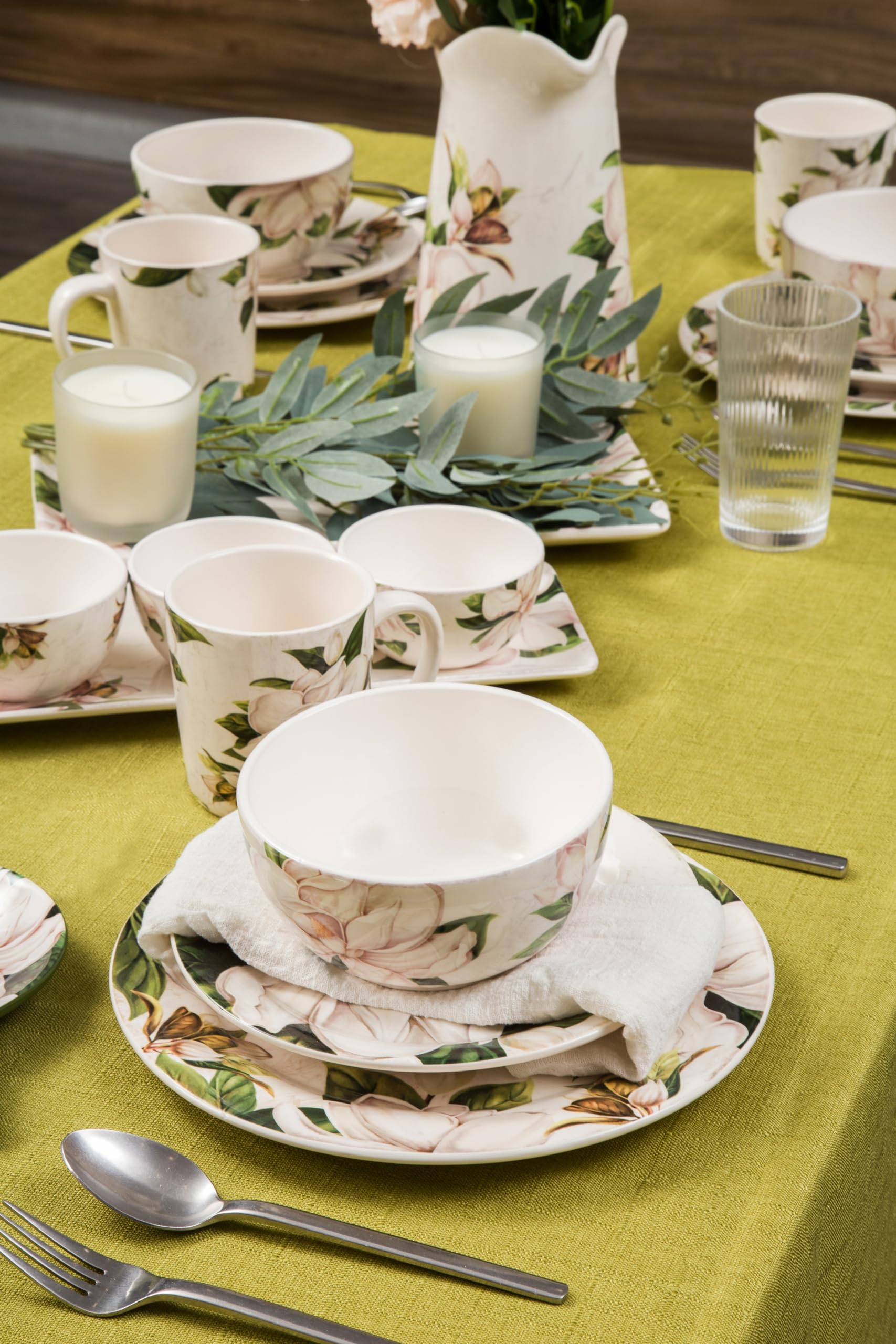 Bico Magnolia Floral Ceramic Salad Plates Set of 4 - 8.75 Inch Elegant Dinnerware for Salads, Appetizers, Desserts | Microwave & Dishwasher Safe | Perfect for Dinner Parties, Bridal Showers & Home Decor