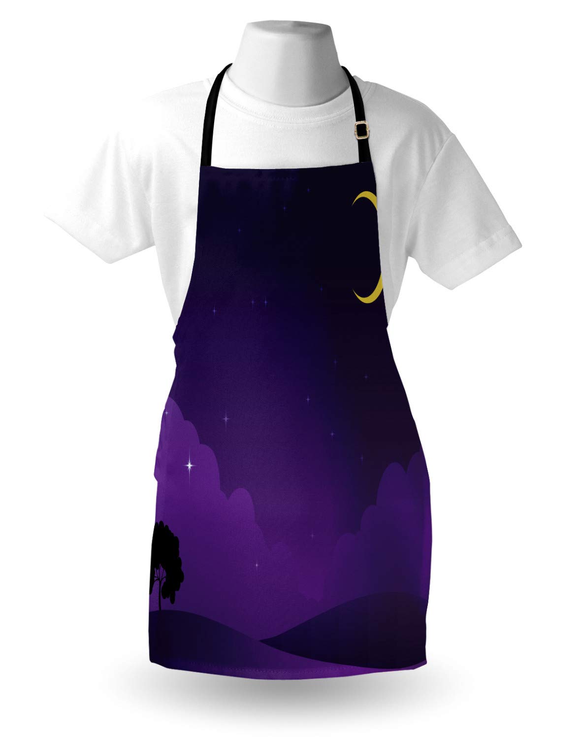 Ambesonne Dark Purple Apron with Stars & Moon - Unisex Kitchen Bib for Cooking & Gardening