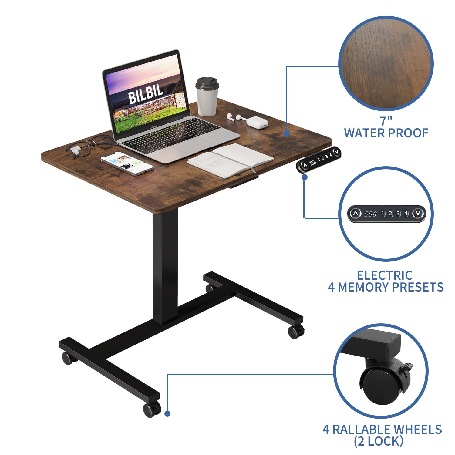 BilBil Electric Standing Desk with Lockable Wheels - 32x24 Inch Height Adjustable Sit to Stand Workstation, Mobile Rolling Computer Desk for Home Office, Overbed Laptop Table, Portable Workstation (Rustic Brown) | Perfect for Small Spaces, Remote Work & Bedroom Office Setup