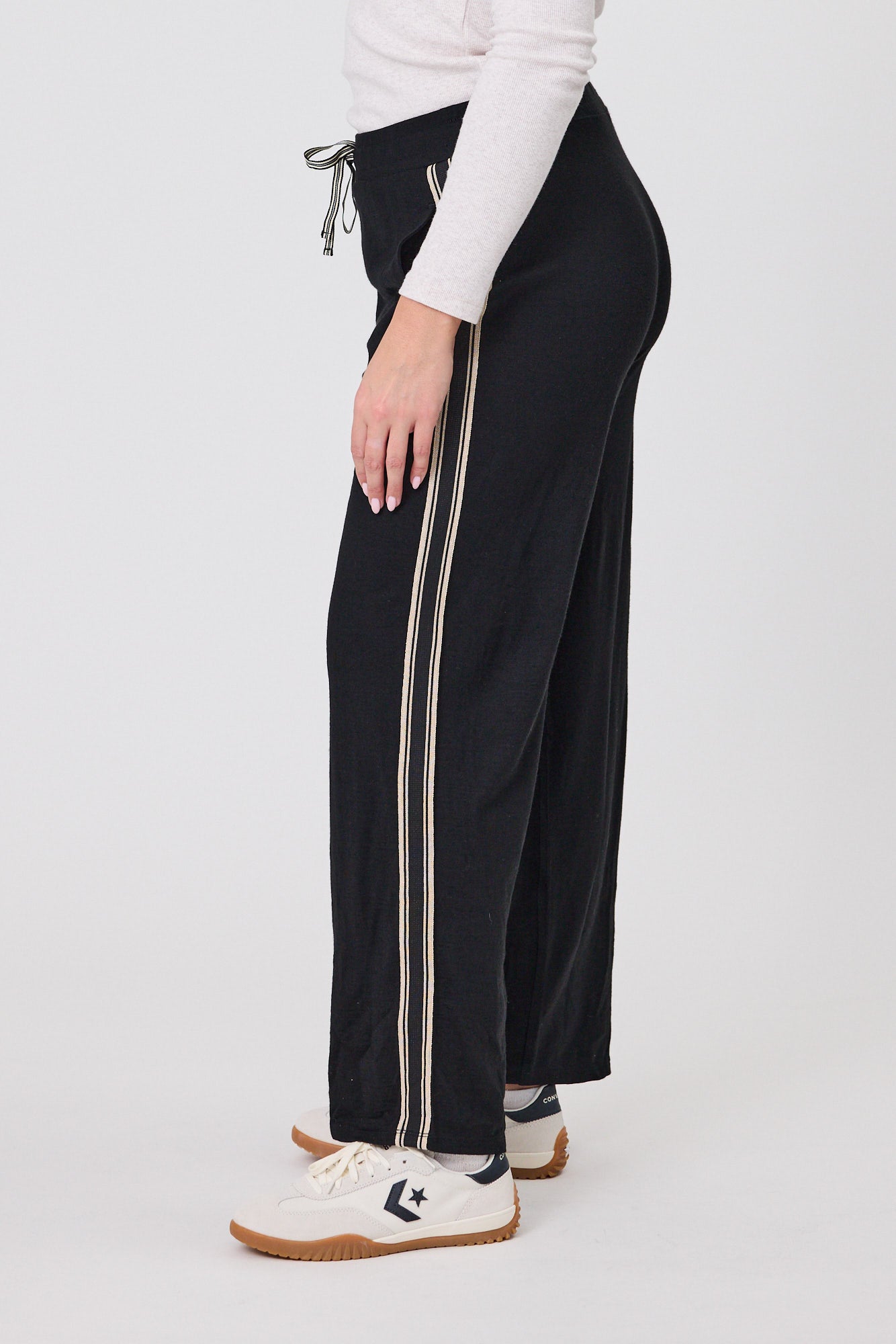 Alpine by Shine On Vancouver Stripe Detail Merino Wool Wide Leg Pants for Women - Black | Comfortable Winter Lounge Pants for Home & Office Wear