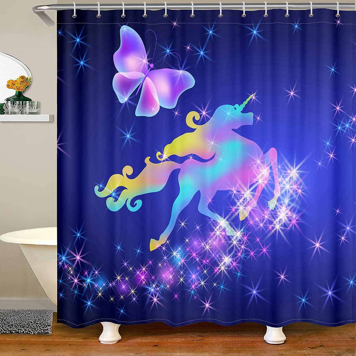 Waterproof Unicorn Shower Curtain Set with 12 Hooks - Magical Animal & Butterfly Bathroom Decor in Deep Blue (72