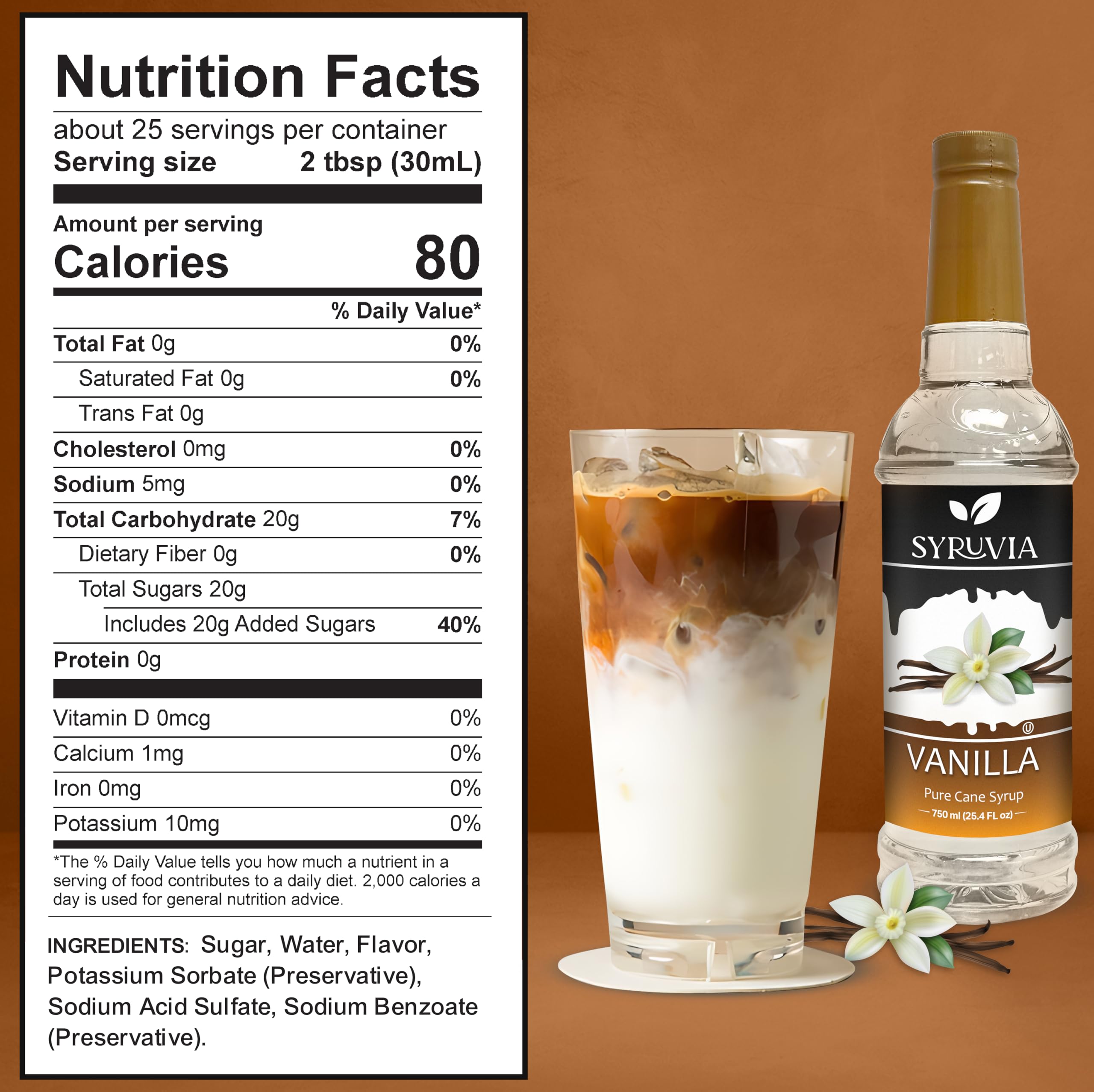 Premium Vanilla Syrup for Coffee - Barista Style, 25.4 fl oz (750ml) - Sweet Vanilla Flavor Coffee Syrup for Lattes, Cappuccinos, Iced Coffee & Baking - By Syruvia