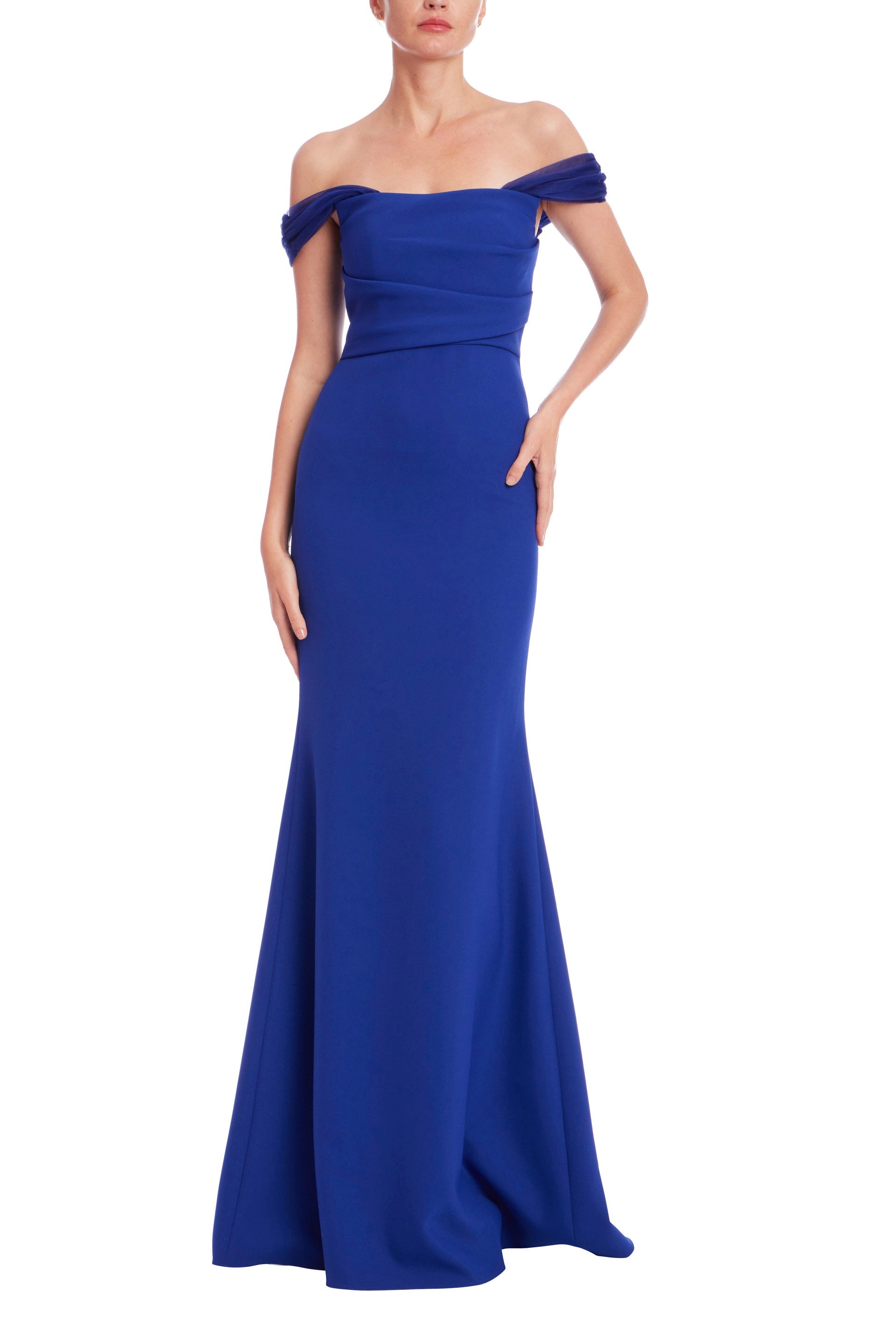 Badgley Mischka Women's Off-the-Shoulder Formal Evening Gown - Elegant Long Column Dress for Prom, Wedding & Black Tie Events