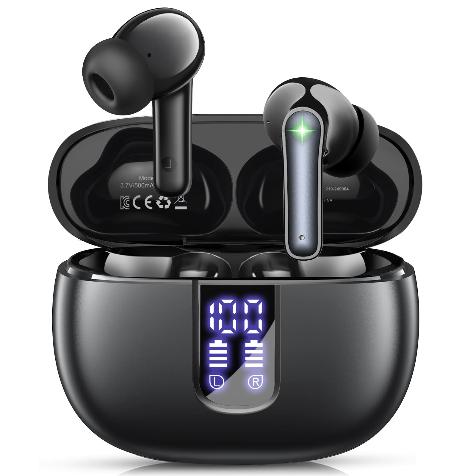 Wireless Earbuds Bluetooth 5.3 Headphones with 48H Playback, Built-in Mic & LED Display Charging Case, IP7 Waterproof Earphones for iPhone Android Phones Laptop - Perfect for Sports, Workouts, Running & Gym - Black