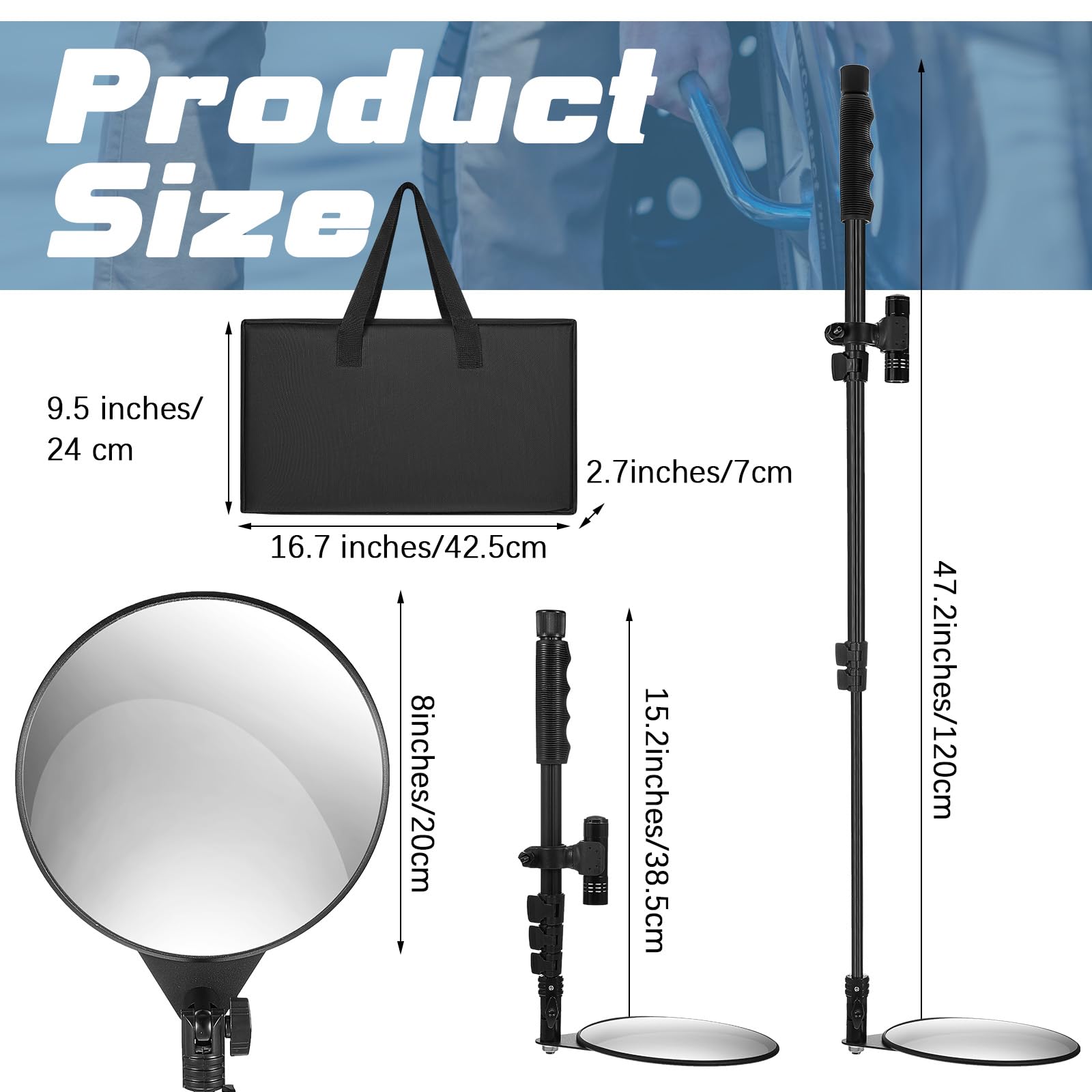 Barydat 2 Pack Under Vehicle Inspection Mirror with LED Light & Telescoping Handle - 8 Inch Adjustable Security Mirror for Car, Truck & Equipment Inspection - Perfect for Mechanics, DIY Auto Repair & Under Shelf Checks