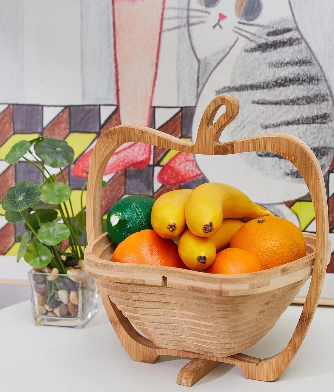 Foldable Bamboo Fruit Basket - Apple Shaped Collapsible Dried Fruit, Nuts & Candy Bowl | Wooden Snack Box for Kitchen Counter, Dining Table & Party Serving | Perfect for Fruits, Bread, Snacks & Gift Giving