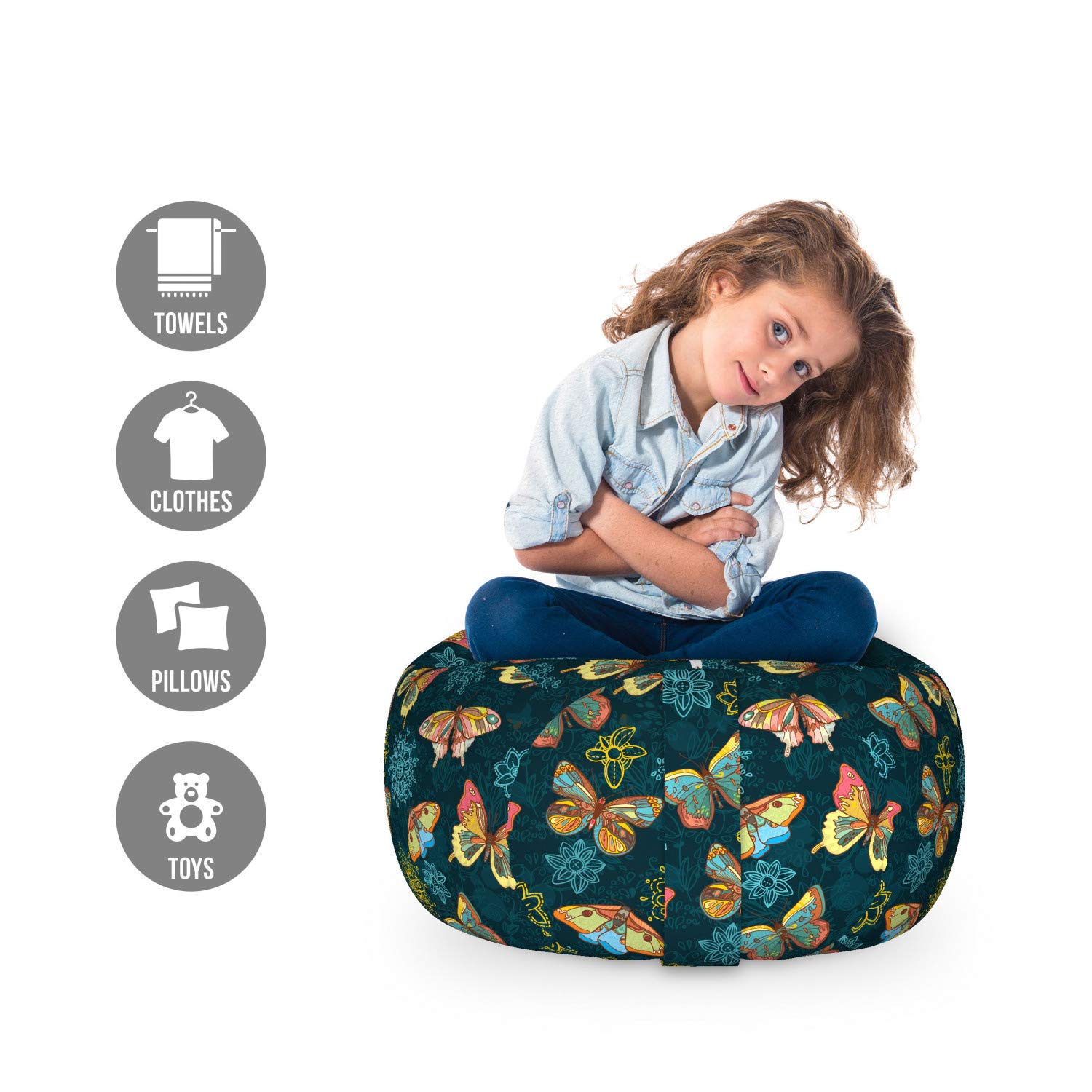 Ambesonne Floral Storage Toy Bag Chair with Butterflies - Spring Nature Inspired Print, Washable Stuffed Animal Organizer for Kids Room, Small Size in Yellow & Petrol Blue - Perfect for Nursery, Playroom & Bedroom Organization