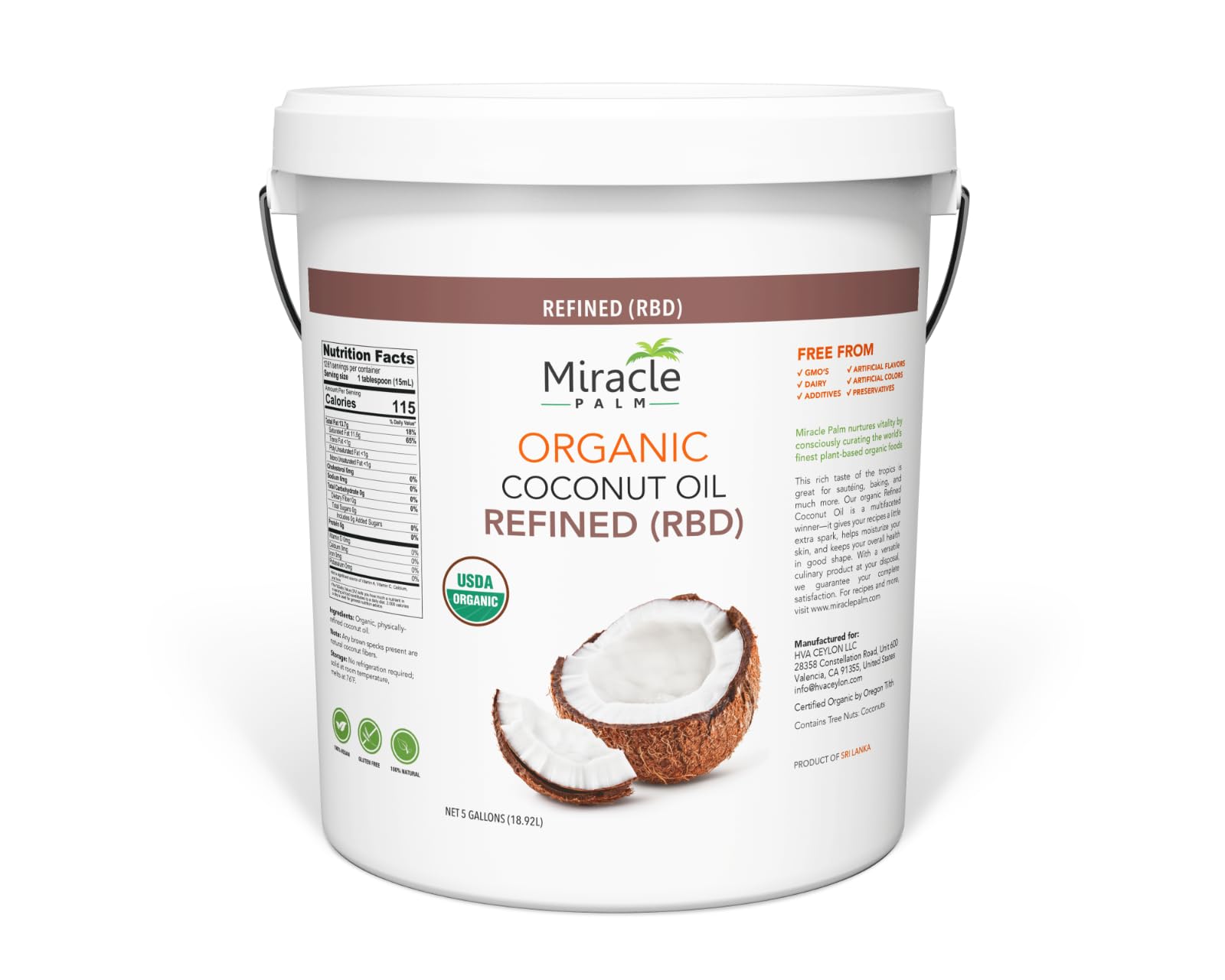 Organic Refined Coconut Oil (RBD) 5 Gallons - Bulk Coconut Oil for Cooking, Baking & Beauty - Vegan, Non-GMO, Gluten Free, Tasteless - Perfect for Skin Care, Hair Treatment & Massage - Miracle Palm Premium Coconut Oil