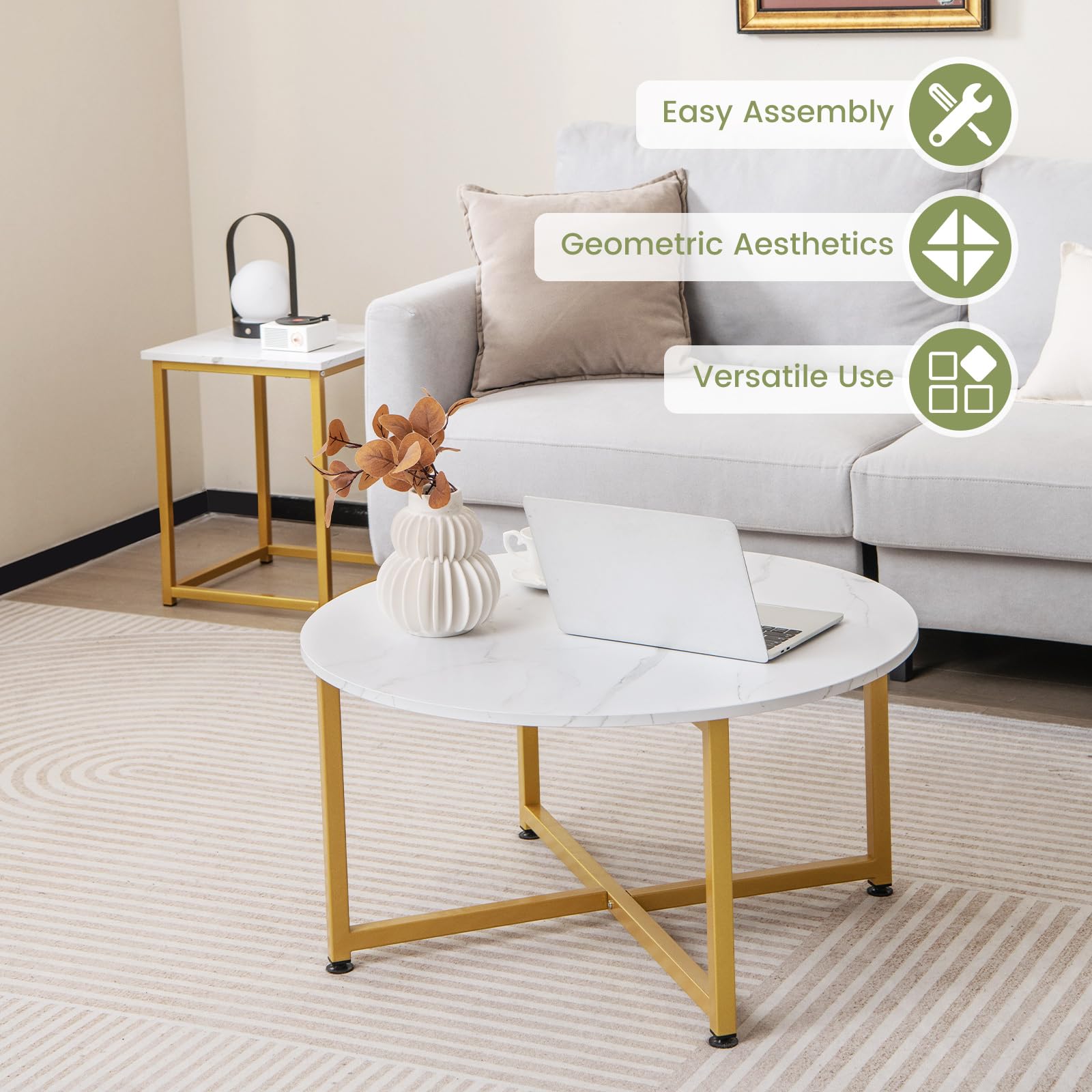 COSTWAY 3-Piece Coffee Table Set - Round Faux Marble Coffee Table & 2 Square End Tables with Sturdy Metal Frame, Modern Living Room Furniture for Small Spaces & Apartments (White & Gold) | Perfect for Compact Living Rooms, Studio Apartments & Cozy Home Decor