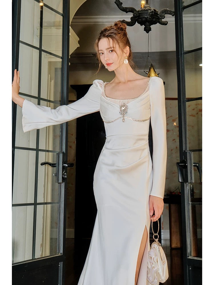 Elegant Mermaid Satin Formal Evening Gown with Long Sleeves - Perfect for Prom, Wedding Guest & Black Tie Events | Style J6536