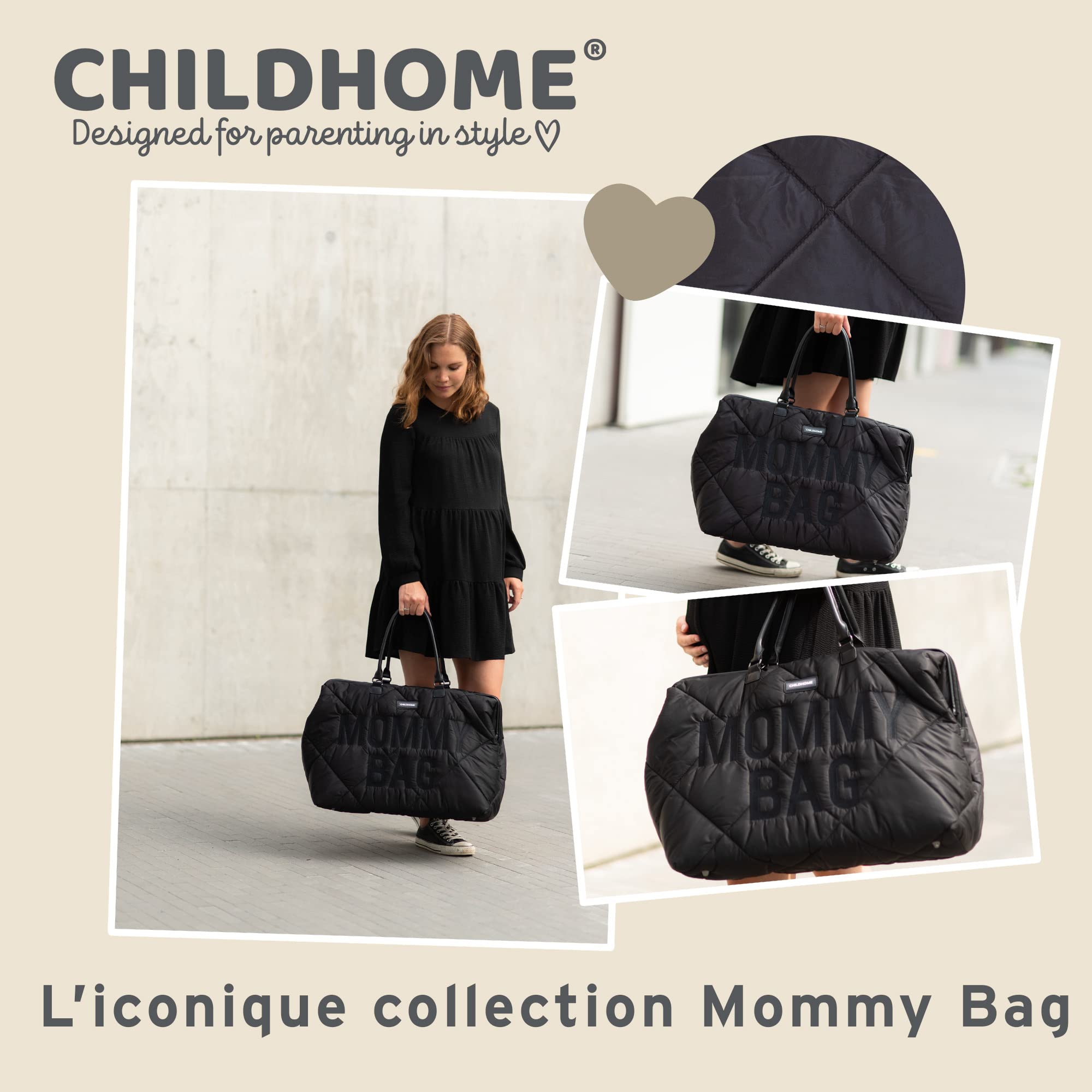 **The Original Mommy Bag by Childhome - Large Baby Diaper Bag & Hospital Bag for Moms, Spacious Tote for Travel & Essentials, Pregnancy Must-Haves (Puffered Black) - Perfect for Newborn Care, Maternity Trips & Everyday Use**
