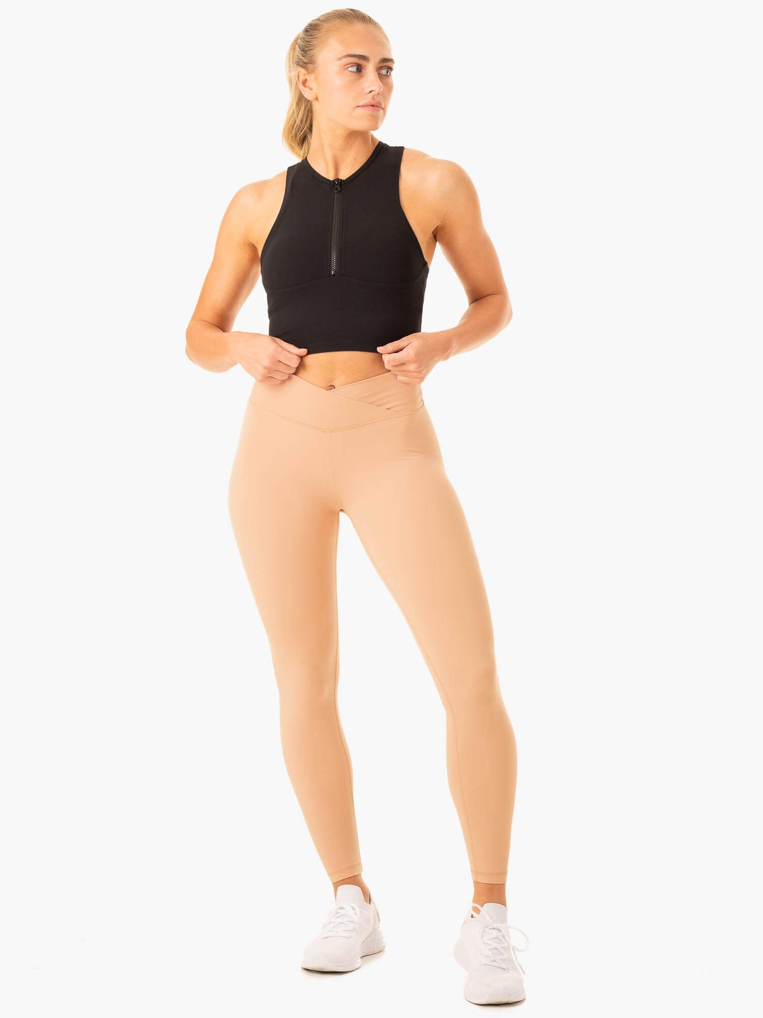 Serene Cross Over Scrunch Leggings for Women - High Waisted Yoga Pants with Tummy Control - Comfortable Workout Leggings in Tan - Perfect for Yoga, Gym, Running & Lounge Wear