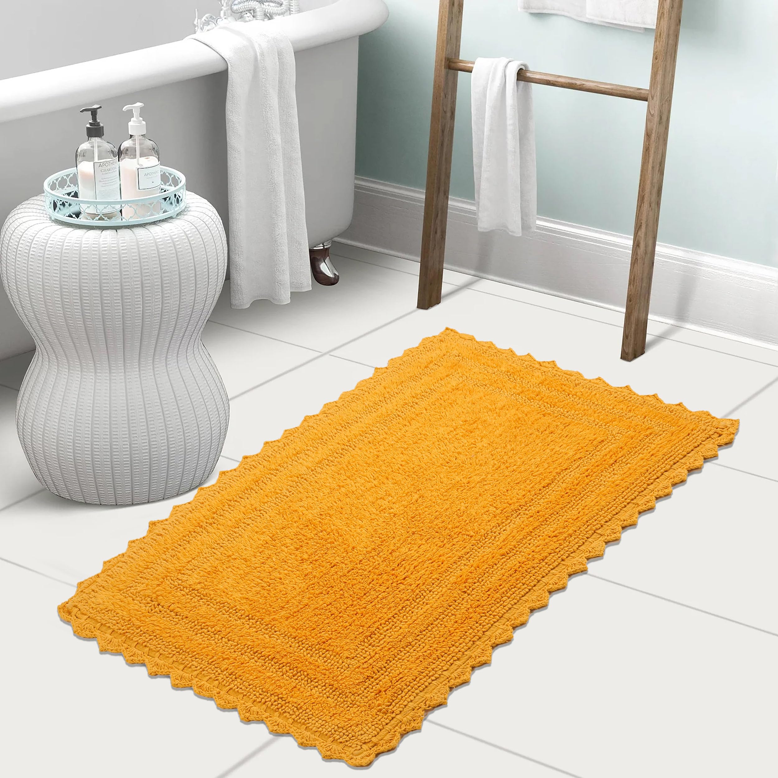TreeWool 2-Pack Soft Reversible Cotton Bath Mat with Crochet Border - Absorbent Non-Slip Bathroom Rug (19