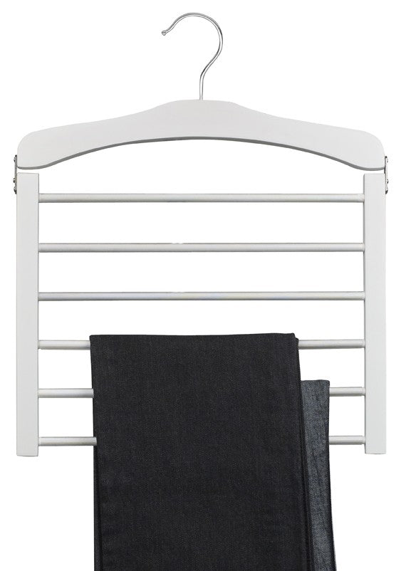 White Wooden Multi Pant Hanger - 5 Pack Space Saving Closet Organizer for Trousers, Jeans & Skirts | Perfect for Home, Office & Travel Storage