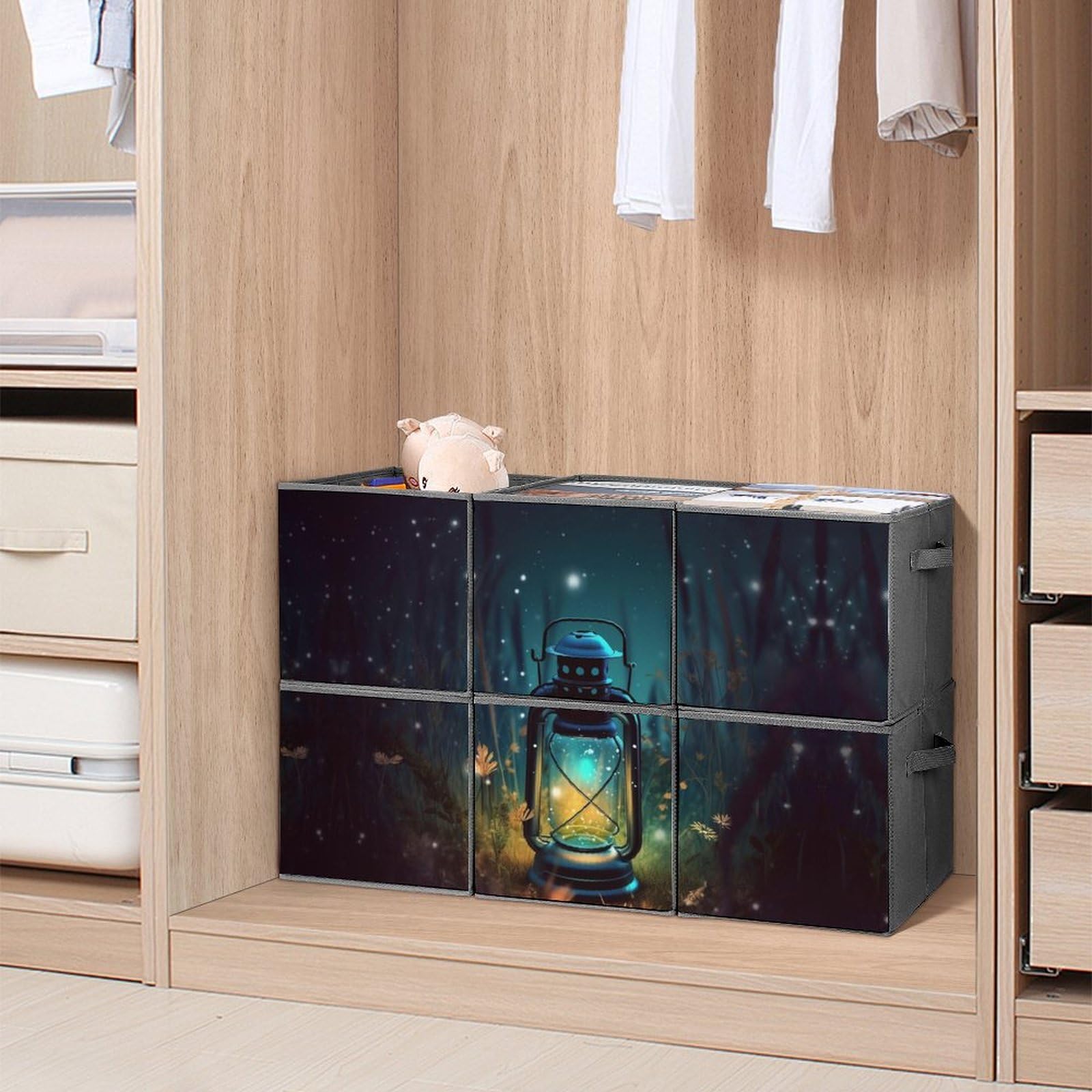 6-Pack Collapsible Storage Bins with Handles - Firefly & Lantern Pattern Fabric Storage Baskets for Closet, Bedroom, Nursery Organization - Space Saving Clothes & Toy Storage Boxes for Home Decor