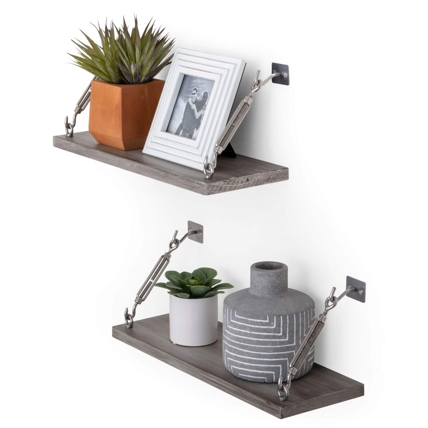 Rustic Grey Floating Shelves Set of 2 - Wall Mounted Wooden Hanging Shelves for Bathroom, Kitchen, Living Room & Bedroom Storage with Industrial Hardware | Perfect for Home Decor, Organizing Essentials & Displaying Decorations