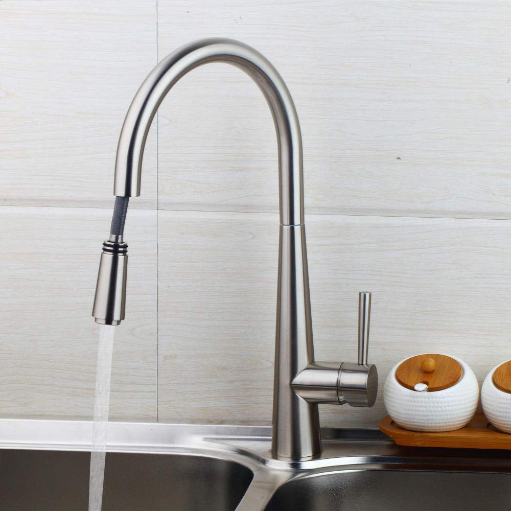 Brushed Nickel Pull Out Spray Kitchen Faucet Mixer Tap - Single Handle Brass Kitchen Sink Faucet for Modern Home Cooking & Dishwashing
