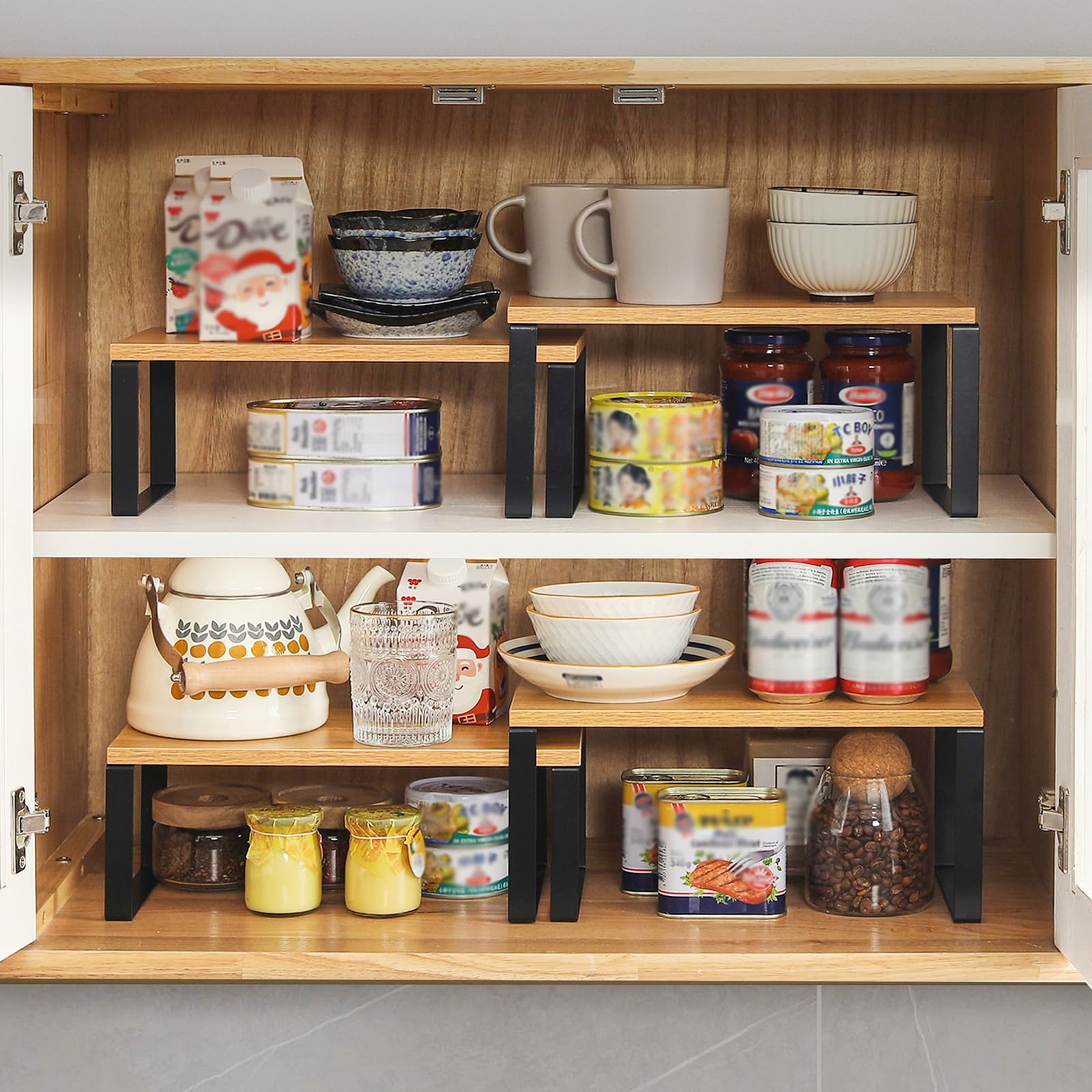 YMYNY 2-Pack Stackable Cabinet Shelf Organizer - Natural Metal Kitchen Spice Rack for Countertop, Cupboard, Pantry & Bathroom Storage | Space-Saving Solution for Spices, Cosmetics & Small Items