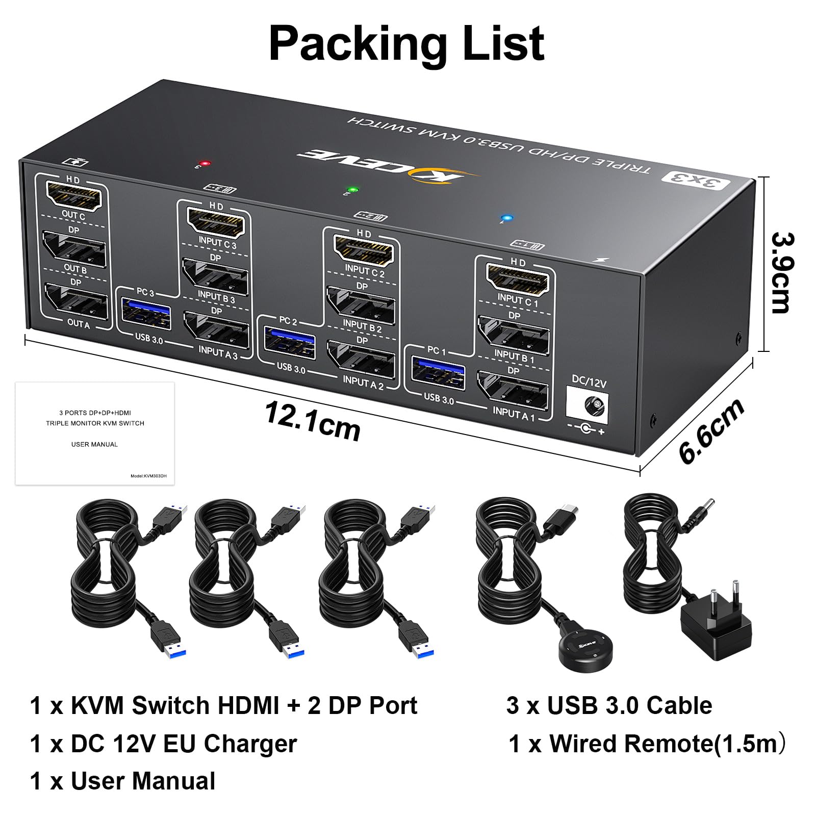 YOUTINGHDAV USB 3.0 KVM Switch for 3 Monitors & 3 Computers - Triple Display with 2 DisplayPort & HDMI Ports, Supports 8K@60Hz & 4K@144Hz - Ideal for Multi-PC Workstations, Gaming Setups & Office Environments