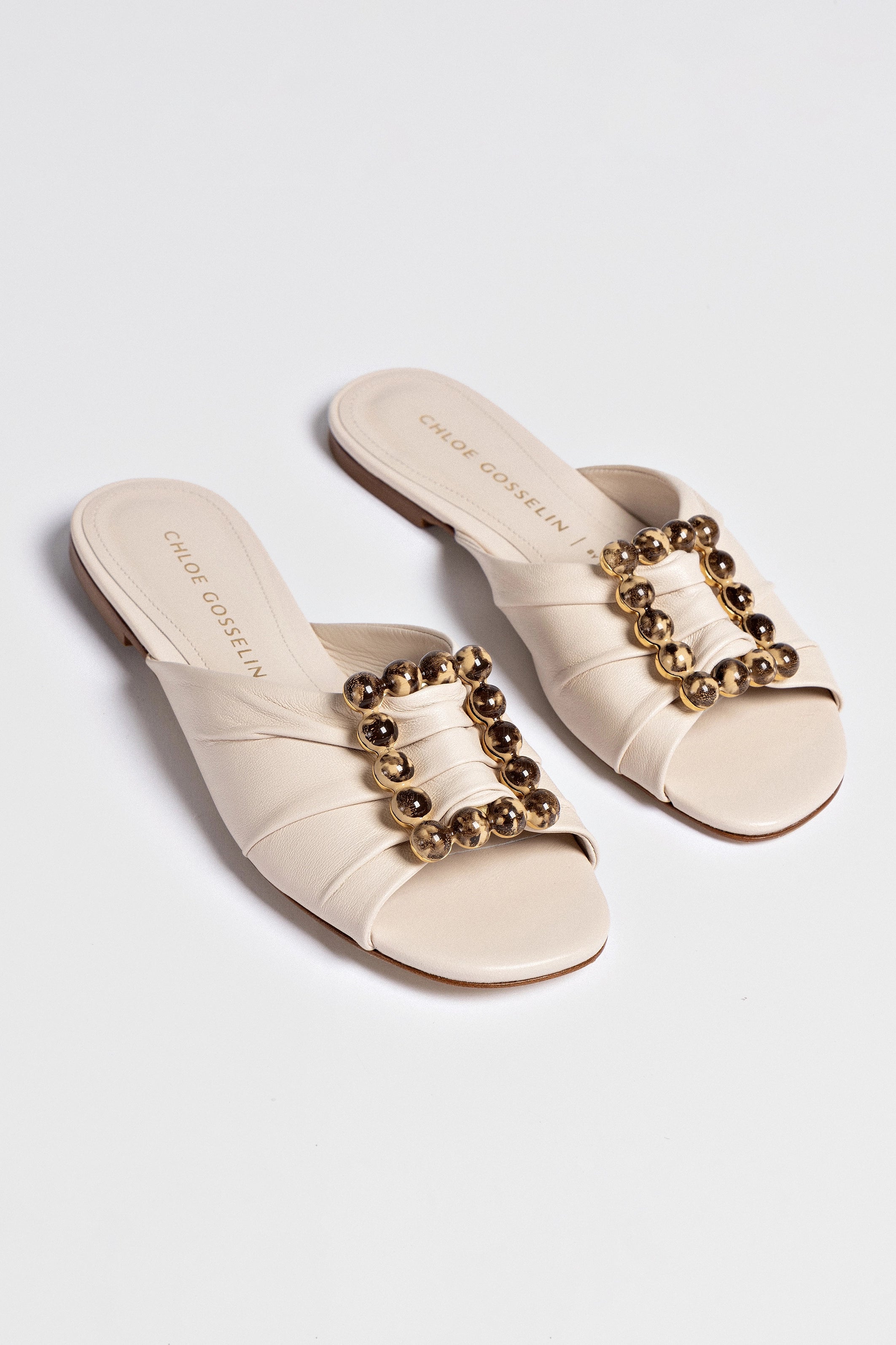 Chloe Gosselin by Larroudé Nova Flat Shoes - Puff Cream Leather Women's Ballet Flats for Work, Office & Casual Wear