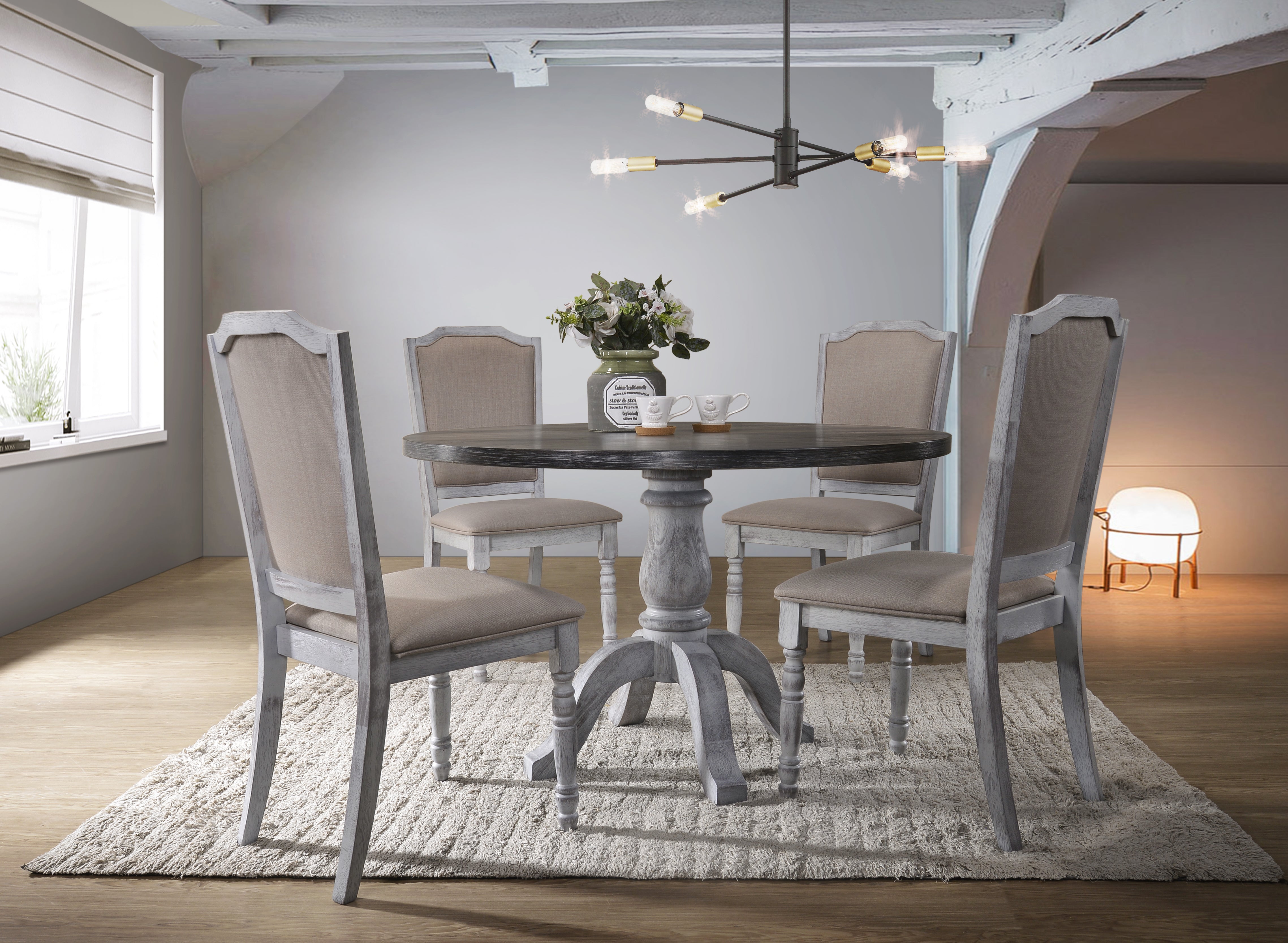 Roundhill Furniture Iris Wood 5-Piece Dining Set in Weathered White - Perfect for Kitchen, Dining Room & Outdoor Patio Furniture